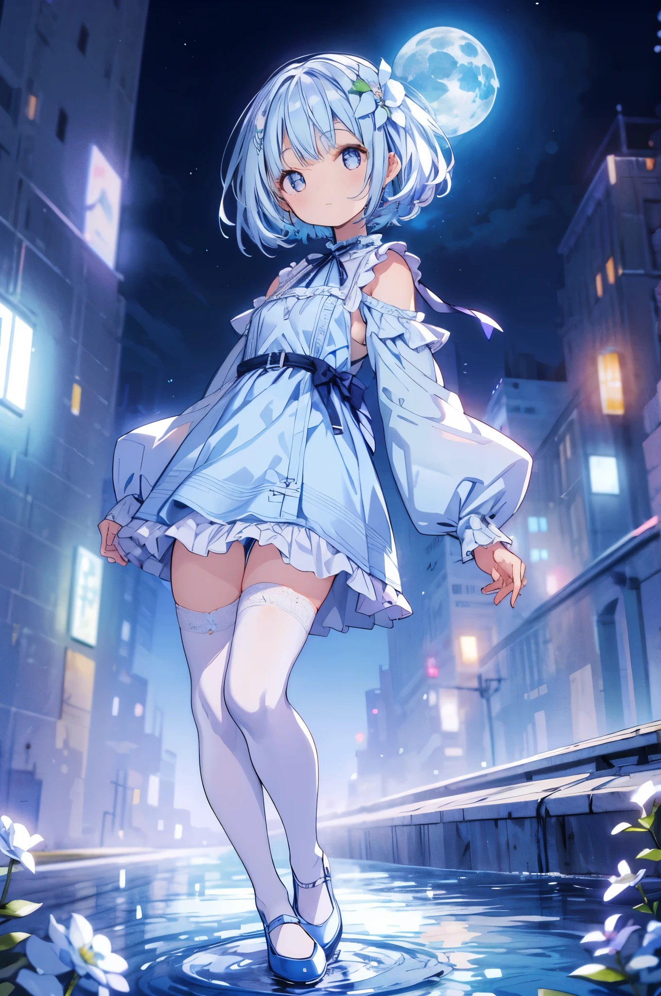 (masterpiece、highest quality)、Field of blue plants and floweredium length light blue hair,、warm moonlight、blurred foreground、River bank、black eye、frills、light blue alice dress、white tights、garter belt、facial highlights