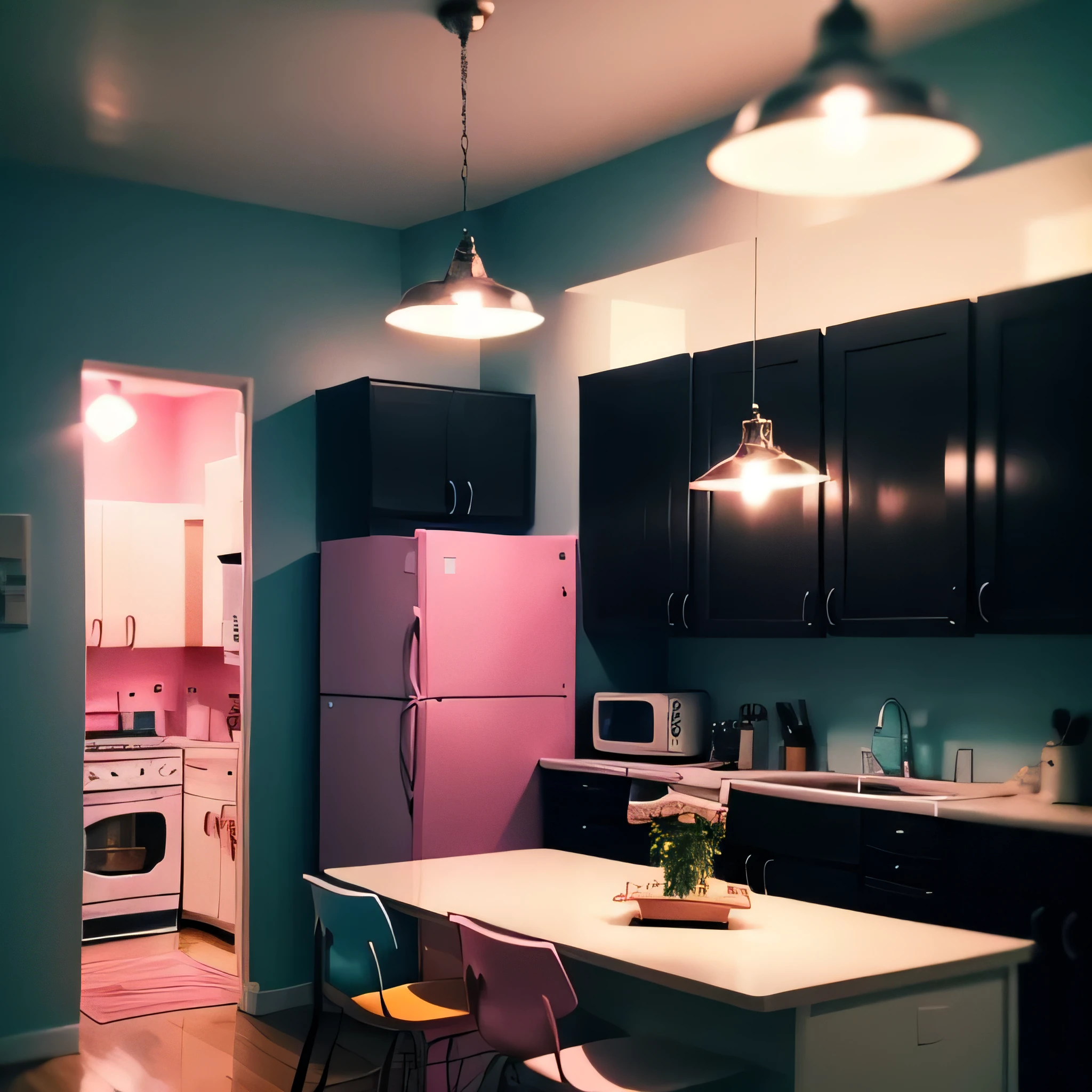 kitchen、夜のkitchen、light is on、Lots of cute accessories、lots of pink、delicious food、tidying up、Blue Wall、Appearance when a person is standing