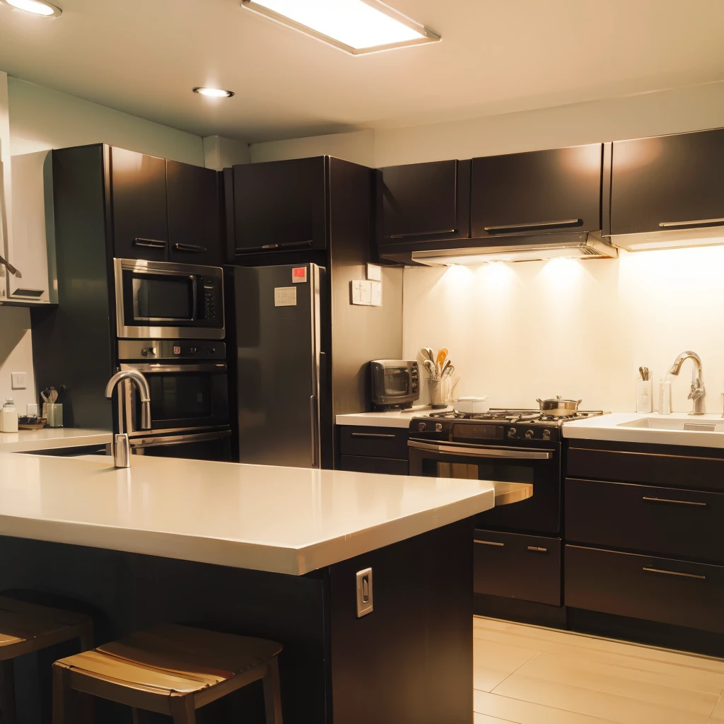 kitchen、夜のkitchen、the lights are on、Lots of cute accessories、Lots of pink colors、Delicious food、tidying up、there are no windows、lots of things、food is placed、ceiling fan、stool、おしゃれなkitchen、Glittering