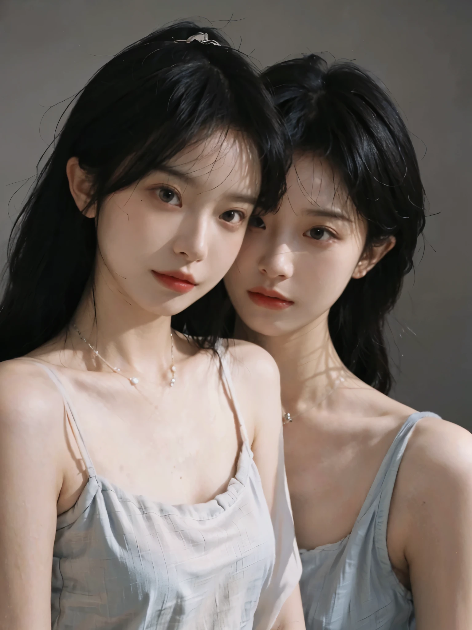 Film portrait photography, 2 girls, 2 bare shoulders,lipstick,background,(flat chest:1.4), high ponytail, wear necklace,headband,look directly,earrings,short sleeves,serene, calm, (Realistic and detailed eyes, natural skin texture, Realistic facial details), Soft dramatic lighting, depth of field, Bokeh, Vibrant details, Detailed and detailed, surreal, 35mm film, hazy, whole body,