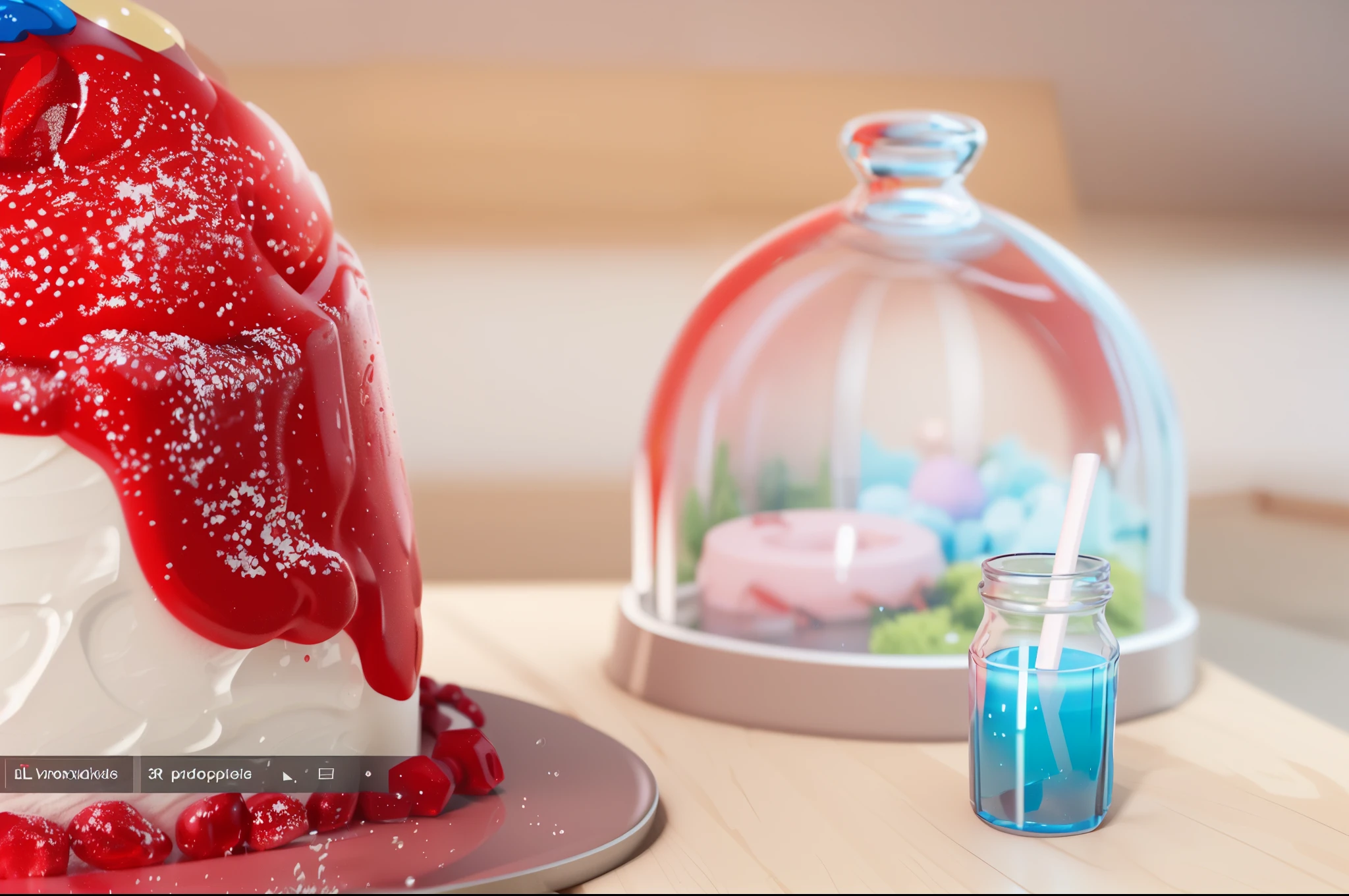 glass with red reflections, a dome with red reflexes on it lies a cake with a doll, blender 3 d 8k, vray трассировка, Blender and Photoshop, 4k photo of food made from polymer clay, hyper-realistic detailed rendering, hyper realistic 3D rendering, hyper realistic 3D rendering, Photorealistic octane render, 3D rendering in blender, very realistic 3D render, photo rendering, very detailed render, Rendering in Blender