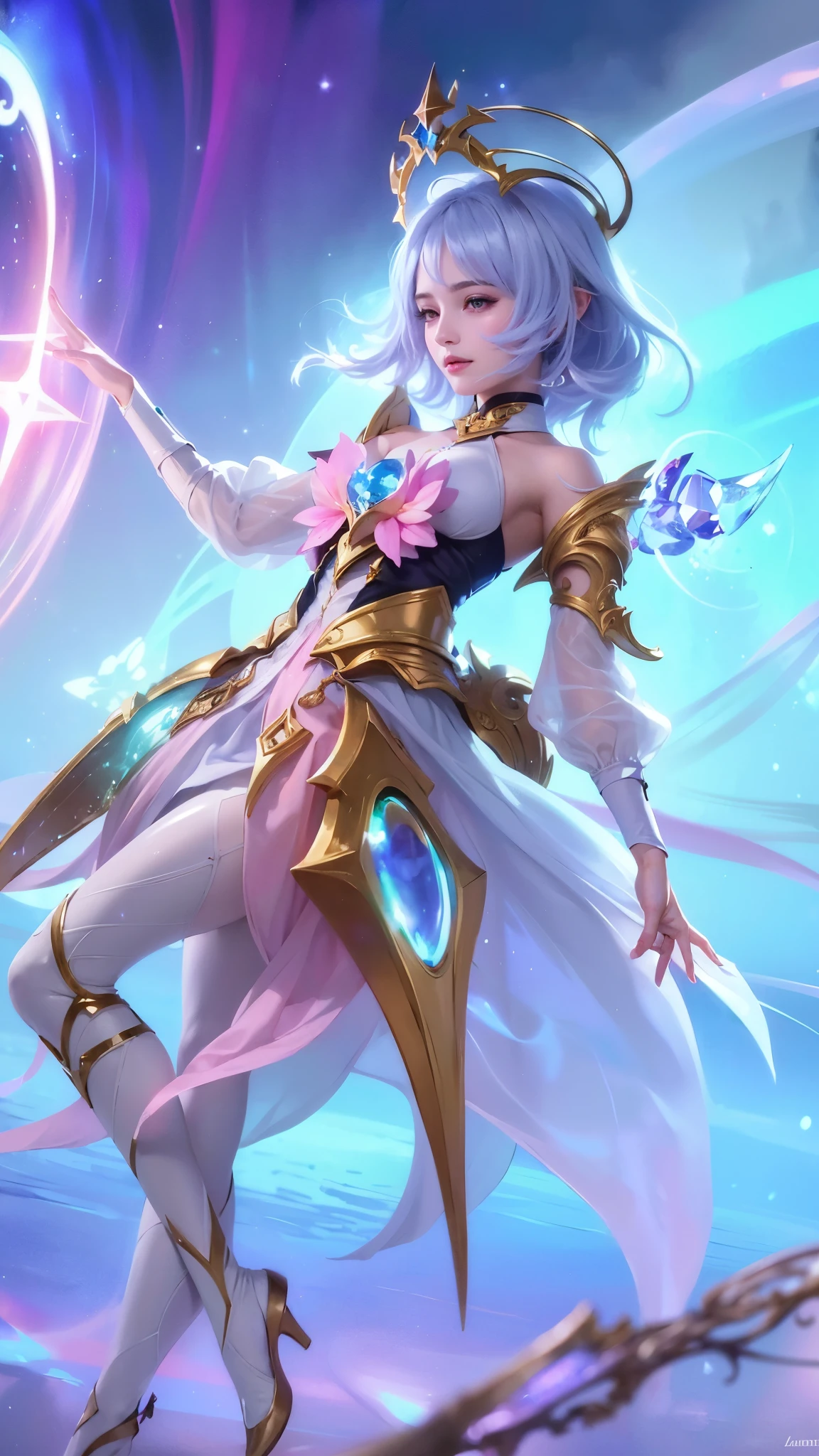 (8k, RAW photo, photorealistic:1.25) ,( lipgloss, eyelashes, glosace, glossy skin, best quality, ultra highres, depth of field, chromatic aberration, caustics, Broad lighting, natural shading, looking at viewer with a serene and goddess-like happiness, a woman in a white dress holding a wand and a purple orb, beautiful celestial mage, astri lohne, celestial aura, maya ali as a lightning mage, portrait knights of zodiac girl, crystalline skin, cushart krenz key art feminine, star guardians, zenra taliyah, astral ethereal, star guardian inspired, ashe, astral fairy.