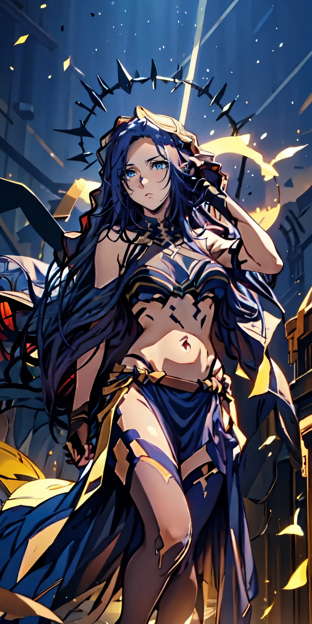 long hair, pointy ears, dark-blue hair, dark-blue eyes, 1girl, breasts, navel, bracelet, solo, jewelry, long_hair, large_breasts, looking_at_viewer, outdoors, day, breasts_apart, standing, gold, outfit-origami, halo, veil, navel, elbow gloves, "glow effects, godrays, Hand drawn, render, 8k, octane render, cinema 4d, blender, dark, atmospheric 4k ultra detailed, cinematic, Sharp focus, big depth of field, Masterpiece, colors, 3d octane render, 4k, concept art, trending on artstation, hyperrealistic, Vivid colors, extremely detailed CG unity 8k wallpaper, trending on CGSociety, Intricate, High Detail,