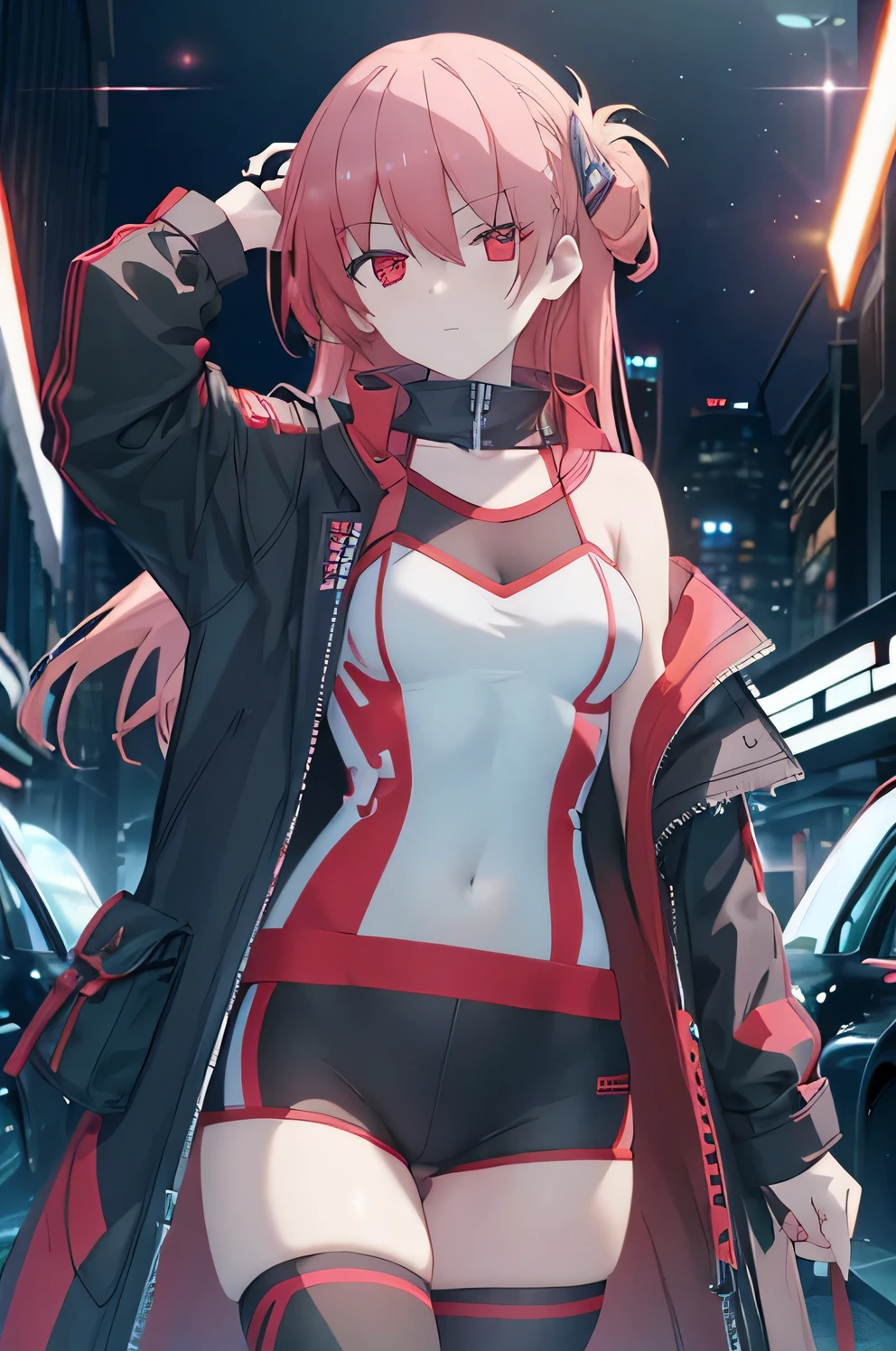 Cyberpunk girl wearing a coat,racing wear，brunette colored hair，dewey，?????????，raised his hand，raised his hands above his head，muscle tissue，裸のmuscle tissue，gel coat，fantastic world，background in the dark，muscle tissue，Pubic hair is visible，Clean design，epic instagram，art station，colorful paint splashes，contour，Extremely detailed intricate details，unreal engine，fanciful，intricate details，splash image，complementary color，fantasy concept art，8K resolution，Deviantart's masterpiece，oil paint，heavy stroke，drops of paint，（isolate on white background：1.3），rainbow skin，, ((teenage:1.5)), , ((wearing black clothes)), (\\(an indifferent look\\),, (((Dressed in modern attire))), head of red hair，nadium ?????， tight suit， looking at the viewer， ??????????????， No expression， cover the navel， thigh gap