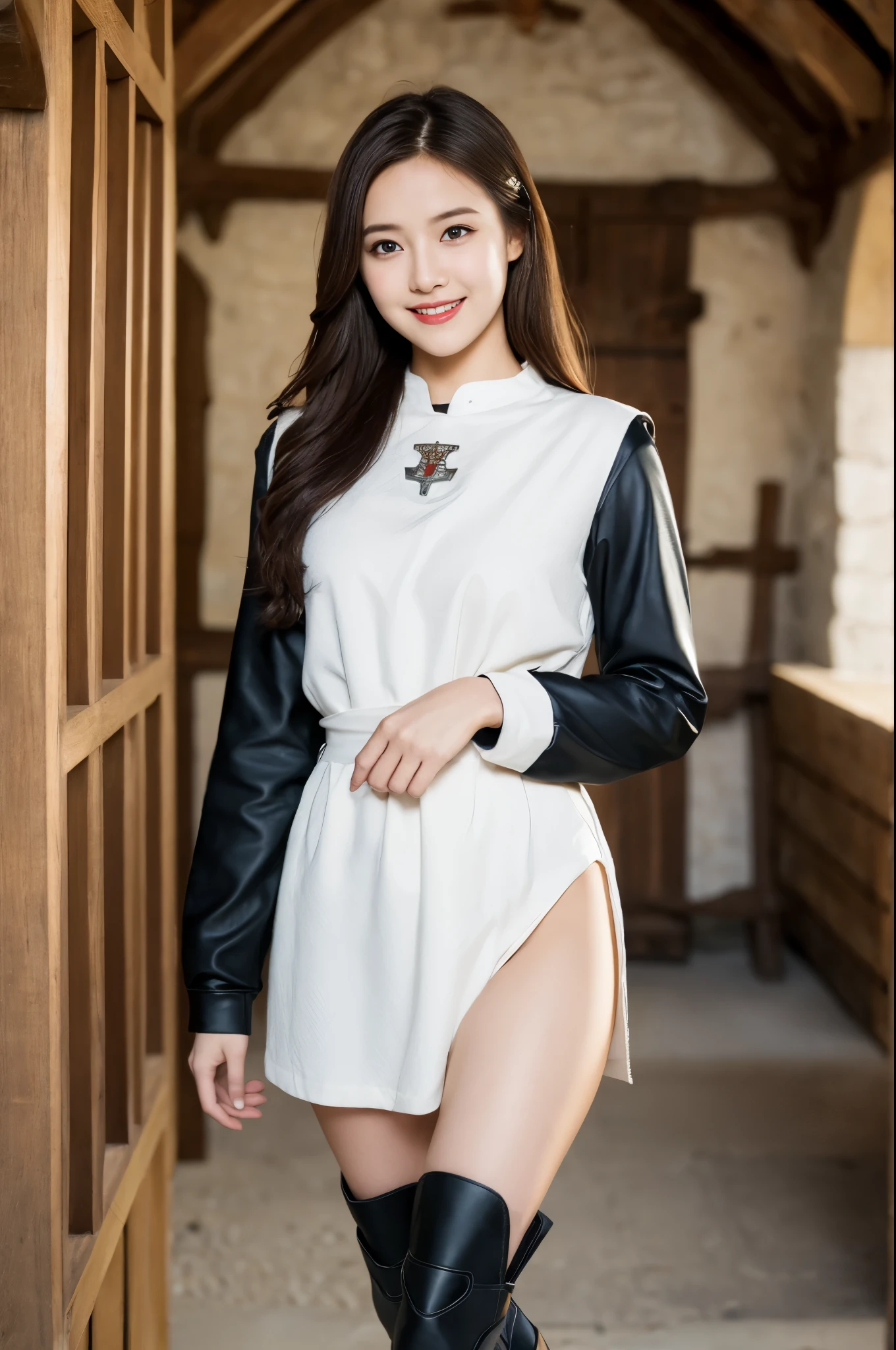 (((medieval europe tabard))),(((Emblem))), (((standing))),(((hunting boots))),(((bare inner thigh))), ulzzang-6500-v1.1, (Raw photo:1.2), (Photo realistic:1.4), a beautiful detailed girl, extremely detailed eye and face, beautiful detailed eyes, ultra-detailed, High resolution, top-quality, ​masterpiece, highly detailed, 8k wallpaper, Wonderful, finely detail, top-quality, Light on the face, movie lighting, 1girl in, (Festung Hohensalzburg), Beautiful eyes, smile, Opening Mouth
