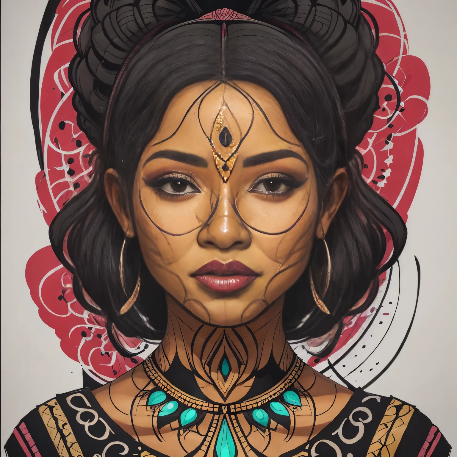 Centered image. Makeup of a faceless African woman, sur fond noir, Visage abstrait, Portrait abstrait, stylized face, Peinture pop art, Very expressive detailed face, expressive female face, Style Picasso, Une peinture pop art, Belle peinture expressive, detailed face of a woman, detailed expression, Style Picasso, Style cubisme