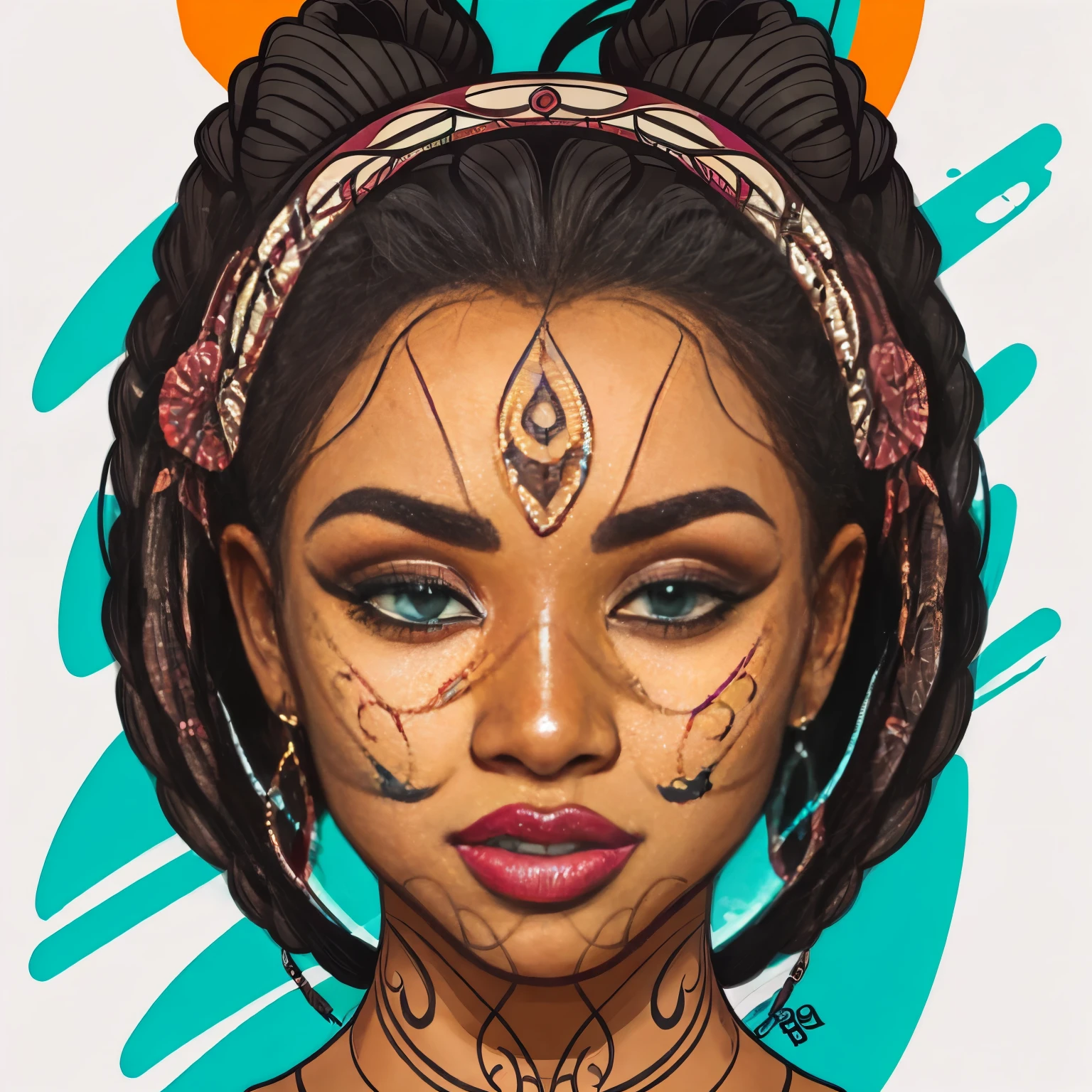 Centered image. Makeup of a faceless African woman, sur fond noir, Visage abstrait, Portrait abstrait, stylized face, Peinture pop art, Very expressive detailed face, expressive female face, Style Picasso, Une peinture pop art, Belle peinture expressive, detailed face of a woman, detailed expression, Style Picasso, Style cubisme