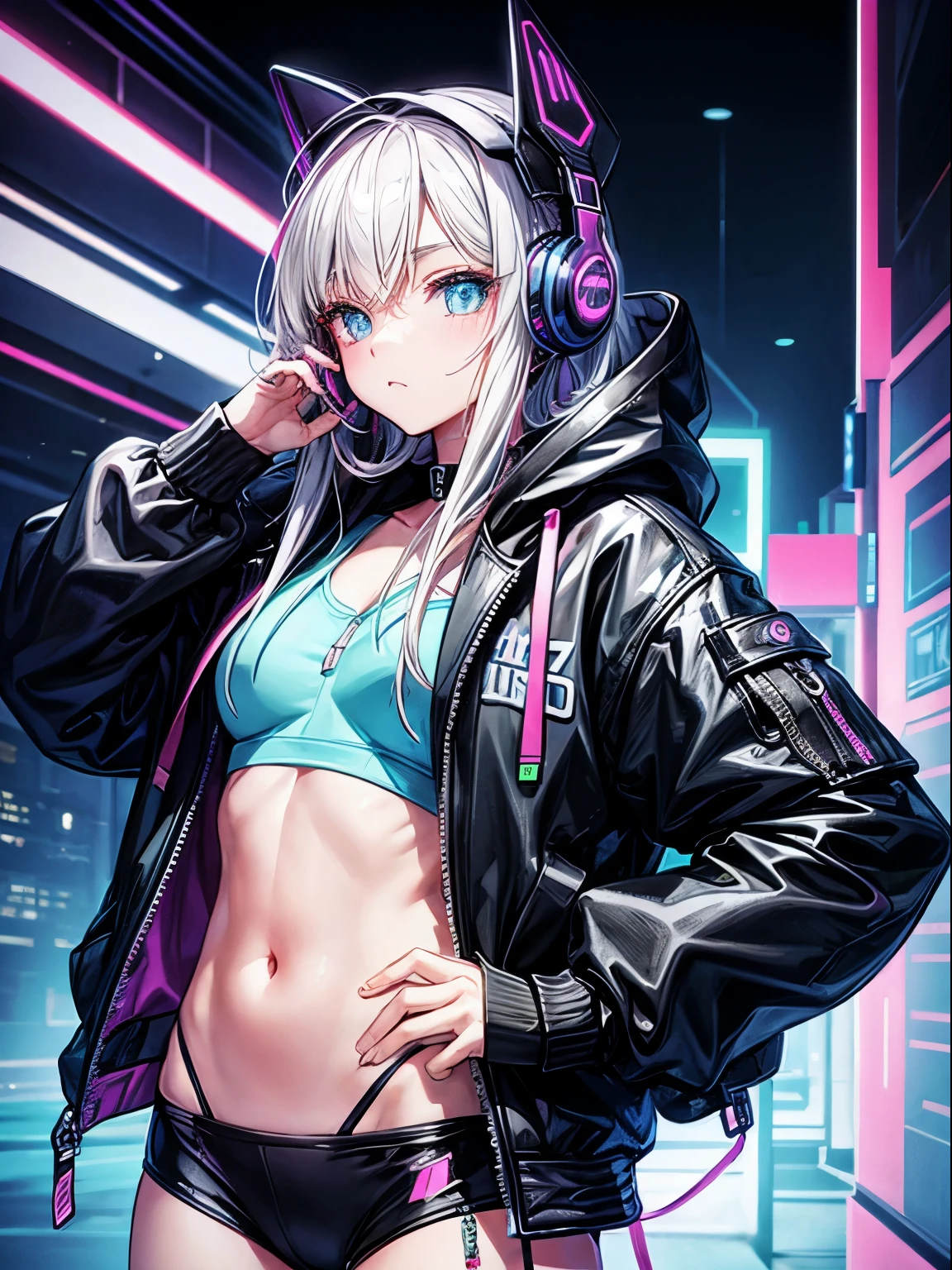 hoodie，cool，perfect face，neon，cyber punk，wearing headphones，The whole body is visible，Navel visible