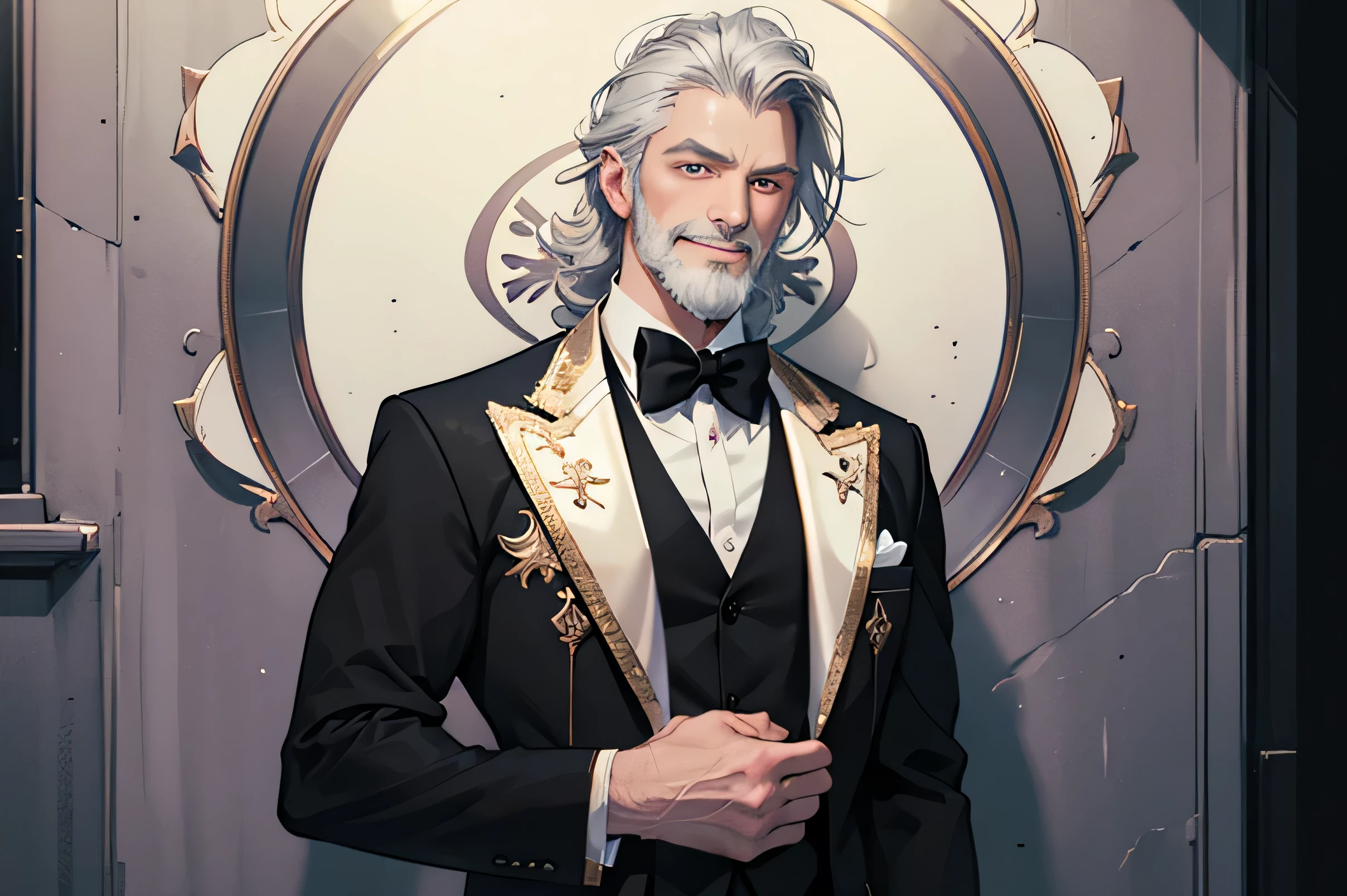 Sebastian、1 grandfather、gentleman、Gray-haired grandfather、white beard、rich、suit、A bow tie、highest quality, intricate details, chromatic aberration, towards the wall,towards the wall, shine, neon light, Black light,smile、casino、highest quality, High resolution, , anime style, concept art
