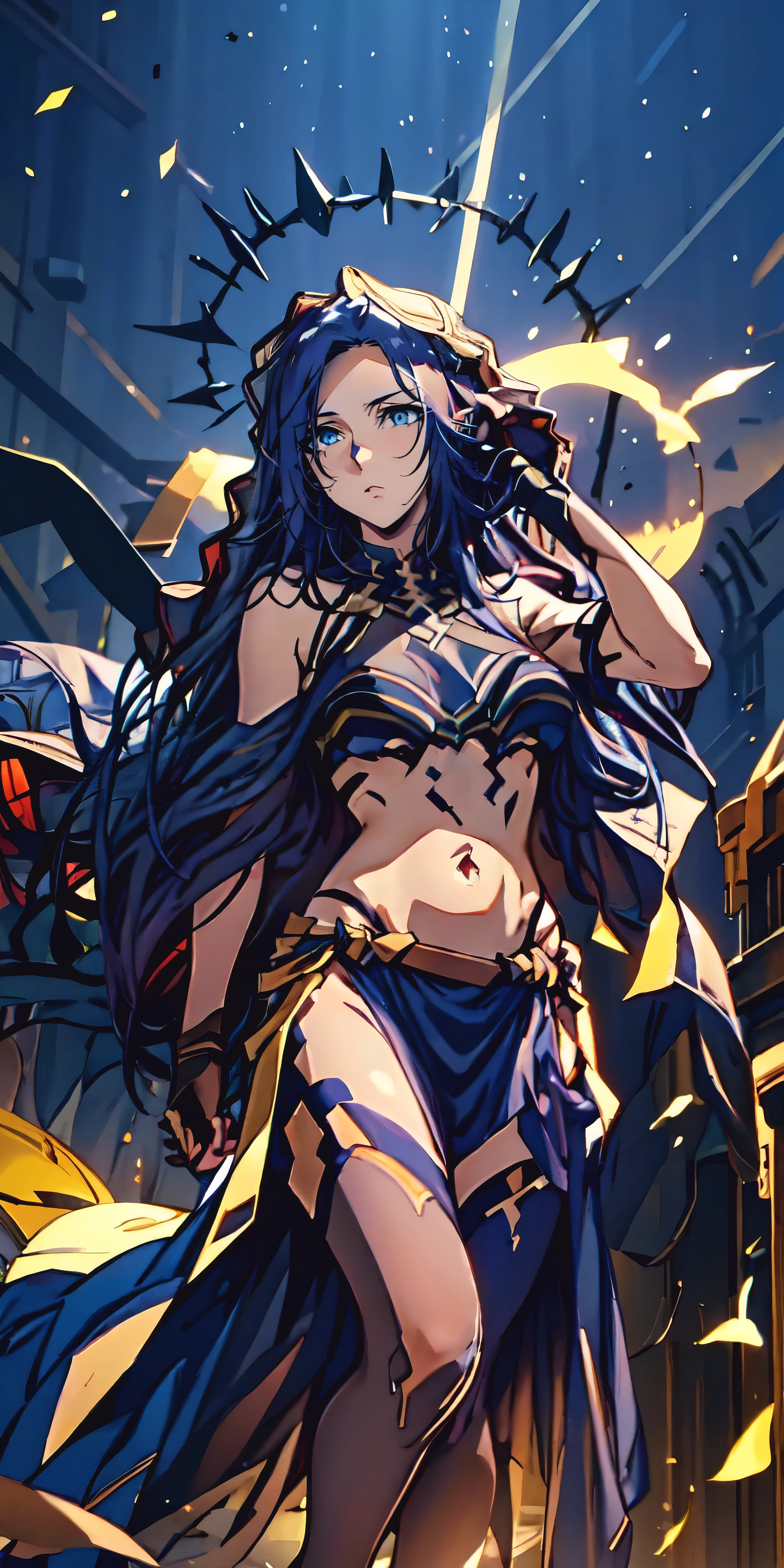 long hair, pointy ears, dark-blue hair, dark-blue eyes, 1girl, breasts, navel, bracelet, solo, jewelry, long_hair, large_breasts, looking_at_viewer, outdoors, day, breasts_apart, standing, gold, outfit-origami, halo, veil, navel, elbow gloves, "glow effects, godrays, Hand drawn, render, 8k, octane render, cinema 4d, blender, dark, atmospheric 4k ultra detailed, cinematic, Sharp focus, big depth of field, Masterpiece, colors, 3d octane render, 4k, concept art, trending on artstation, hyperrealistic, Vivid colors, extremely detailed CG unity 8k wallpaper, trending on CGSociety, Intricate, High Detail,