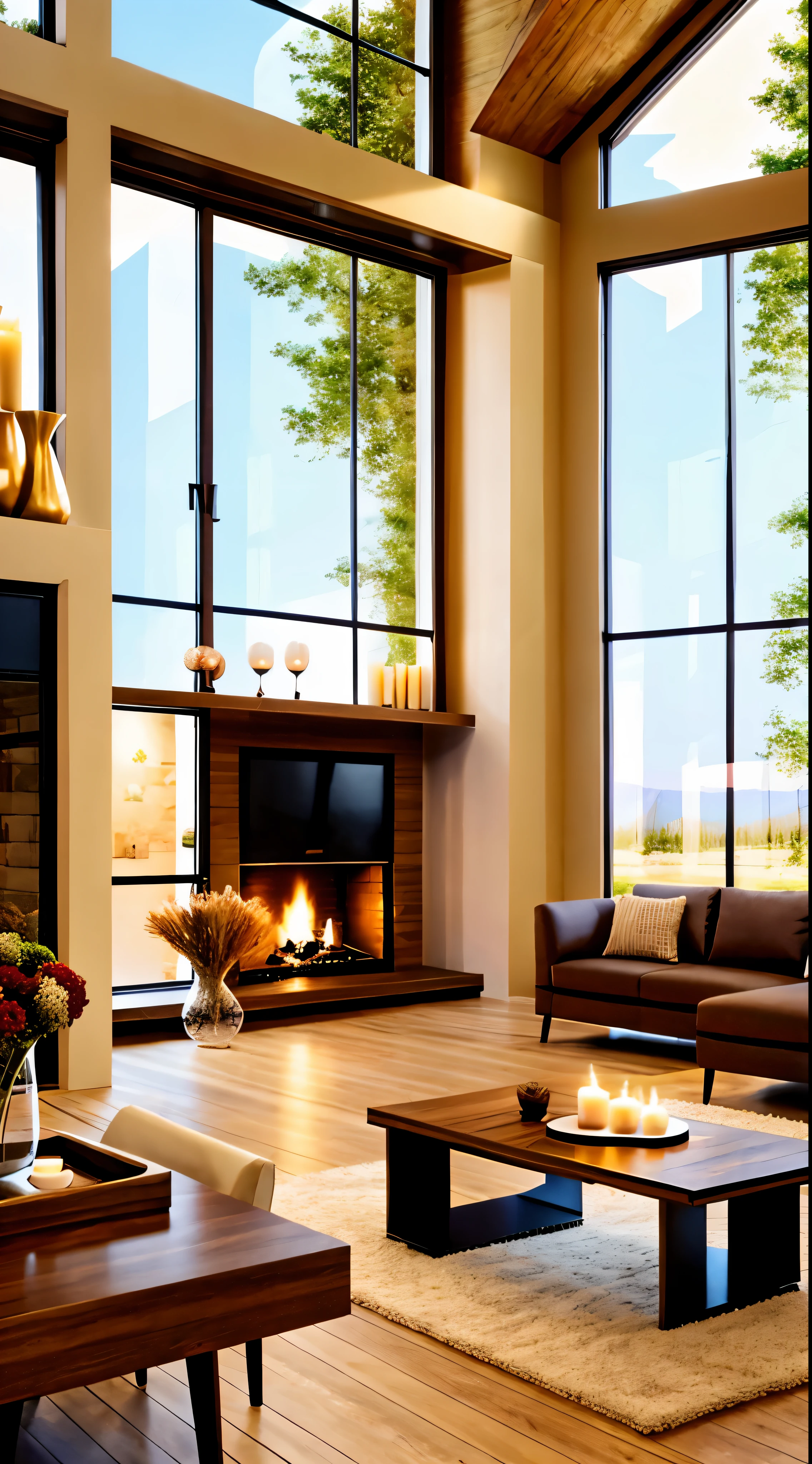 Describe a room in a pleasant house, prepared for a romantic dinner by the warm glow of candles and the fireplace, with a large television and expansive windows offering a view of the serene outdoors. The interior of the house is meticulously crafted from carefully selected and blended wood, striking a balance between modernism and sophistication. The room is not cluttered with excessive furniture, creating an intimate atmosphere by the fireplace. The scene is set for a cozy evening, with the ambiance perfect for a romantic occasion, capturing the imagination and stirring the soul, 4k