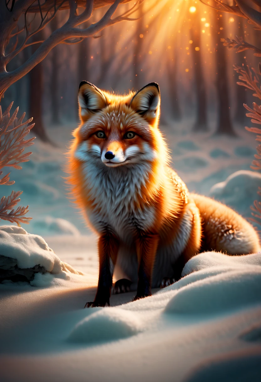 (arctic fox:1.4), winter, sunrise, cute, adorable, fairytale, storybook detailed illustration, cinematic, ultra highly detailed, tiny details, beautiful details, mystical, luminism, vibrant colors, complex background, stunning, energy, molecular, textures, iridescent and luminescent scales, breathtaking beauty, pure perfection, divine presence, unforgettable, impressive, breathtaking beauty, volumetric light, auras, rays, vivid colors reflects, magnificent, ethereal, epic, magical, dreamy, chiaroscuro, atmospheric lighting, (best quality, masterpiece, Representative work, official art, Professional, Ultra intricate detailed, 8k:1.3)