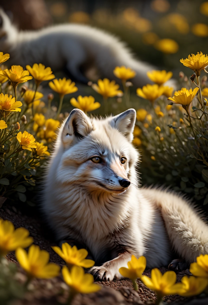 award winning photo macro shot of beautiful arctic fox lying in a majestic yellow flowerbed, dynamic lighting, cinematic still, contemplative, sleek fur, portrait, dynamic pose, 100mm f/2.8 macro lens, (best quality, masterpiece, Representative work, official art, Professional, Ultra intricate detailed, 8k:1.3)