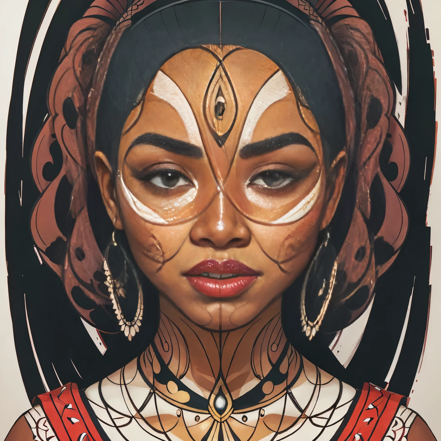 Centered image. Makeup of a faceless African woman, sur fond noir, Visage abstrait, Portrait abstrait, stylized face, Peinture pop art, Very expressive detailed face, expressive female face, Style Picasso, Une peinture pop art, Belle peinture expressive, detailed face of a woman, detailed expression, Style Picasso, Style cubisme