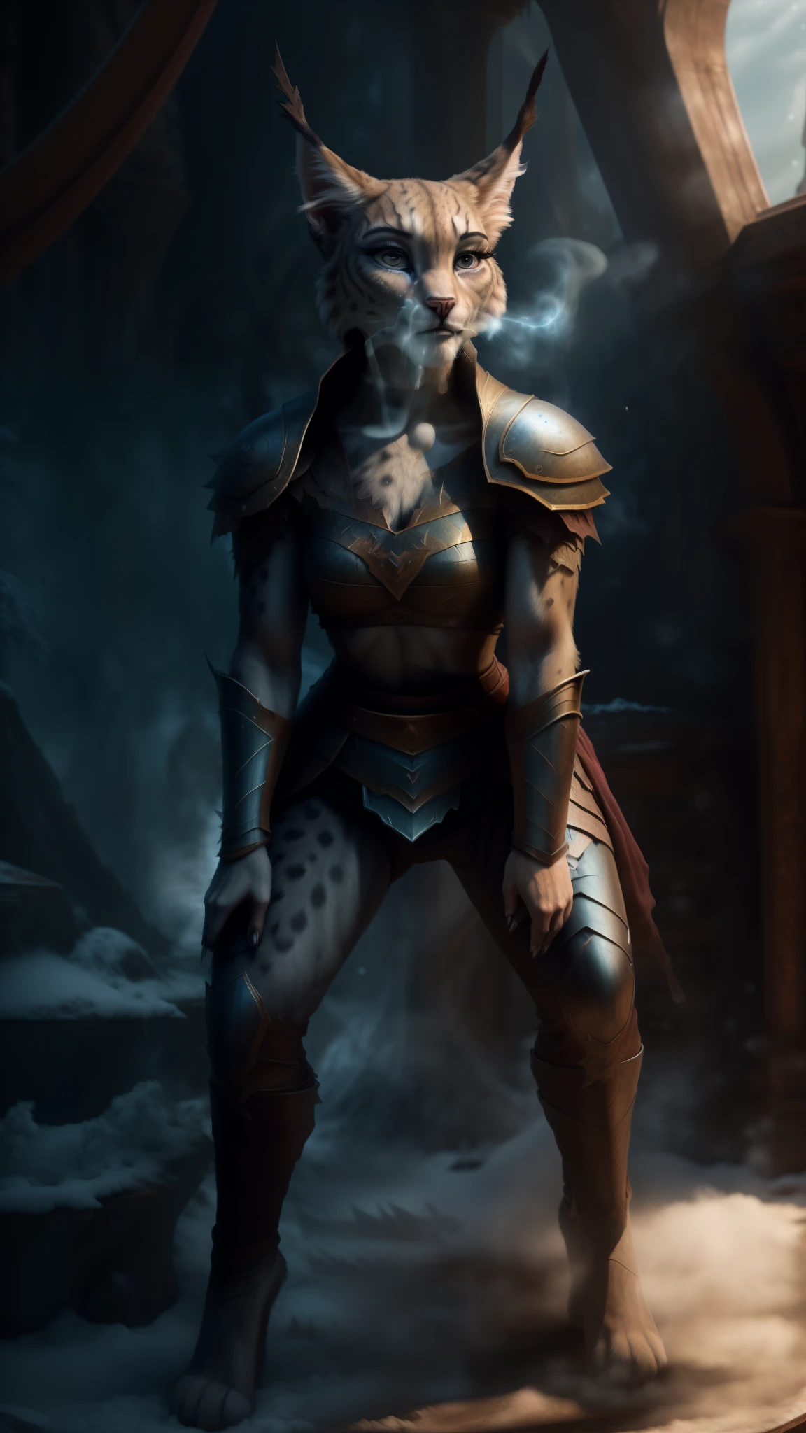 (A woman's face with) beautiful detail eyes, beautiful detailed lips, (A woman with) Extremely detailed eyes and face, long eyelashes, (Khajiit-Female), (The woman) with a seductive fitness body, (a grey fur, with Lynx ears), damaged pose, ((heavy breath, fallen stance:1.5)), ((wearing fantasy armor, damaged armor)), (character), (Best Quality,4k,8K,hight resolution,Masterpiece:1.2), Ultra-detailed, (Realistic,Photorealistic,photo-realistic:1.37), HDR, UHD, ultra-fine painting, physical based rendering, ((extreme detail winter background)), Professional, Vivid colors, bokeh, full-length portrait, landscape, photografic, Concept Artists style of, with a vibrant color palette, soft-lighting.