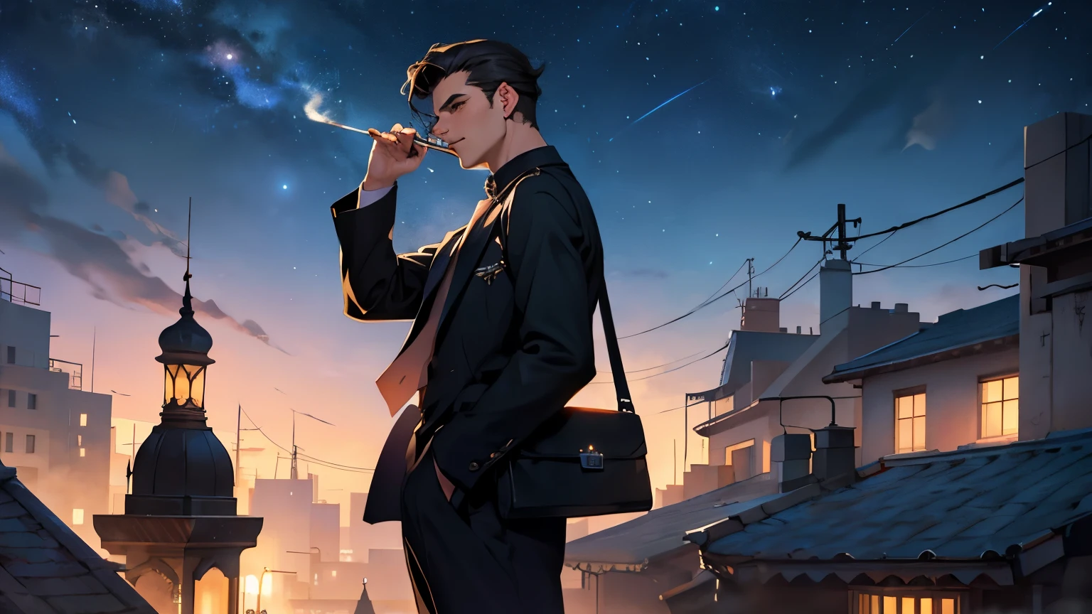 There is a man looking up at the starry sky while smoking a cigarette on the roof of a building in the city., Charlie Bowater&#39;s art style, inspired by Asaf Hanukkah, style of charlie bowater, in style of charlie bowater, Inspired by Tomah Hanukkah, he is smoking a cigarette, handsome anime pose, In Bowater&#39;s art style, side view,dim,