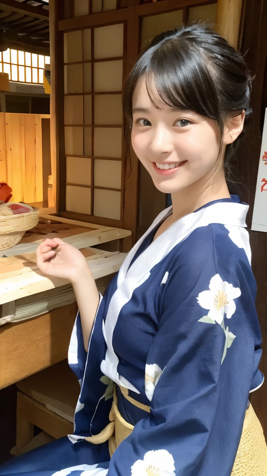 4k、high resolution、yukata、Summer festival、smile、15 years old、Japanese、black hair、one side up、evening、stall