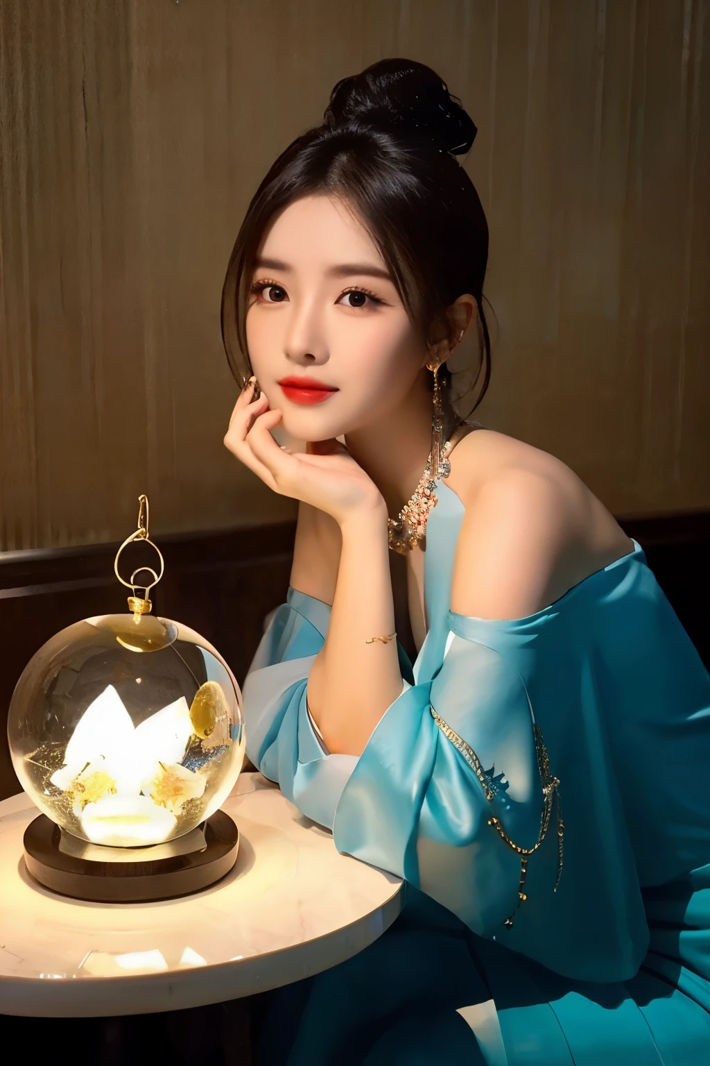 fantastic background、woman dressed as fortune teller、sit on the chair、There is a beautiful crystal ball on the table、Divination、Face、facing forward