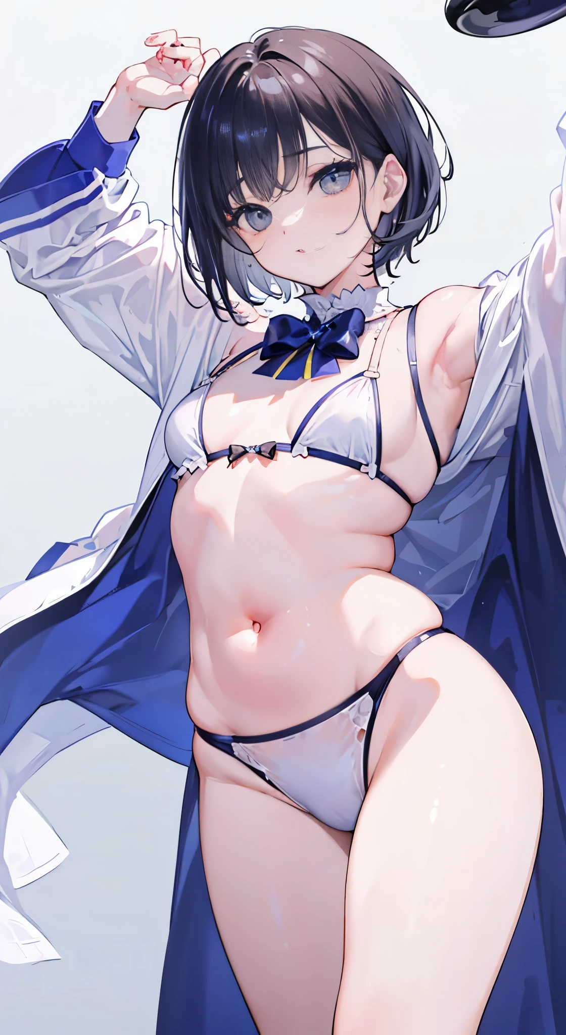 "(perfect masterpiece:1.2), (highest quality:1.2), stunning face, uniform, mature and chubby, Big eyes, compensate, long and luxurious eyelashes, lip whole, irresistible charisma.",Maid clothes,belly button,(((boy))),(((very short hair))),腹logic,raised his arms,micro swimwear,NSFW,(((logic)))
