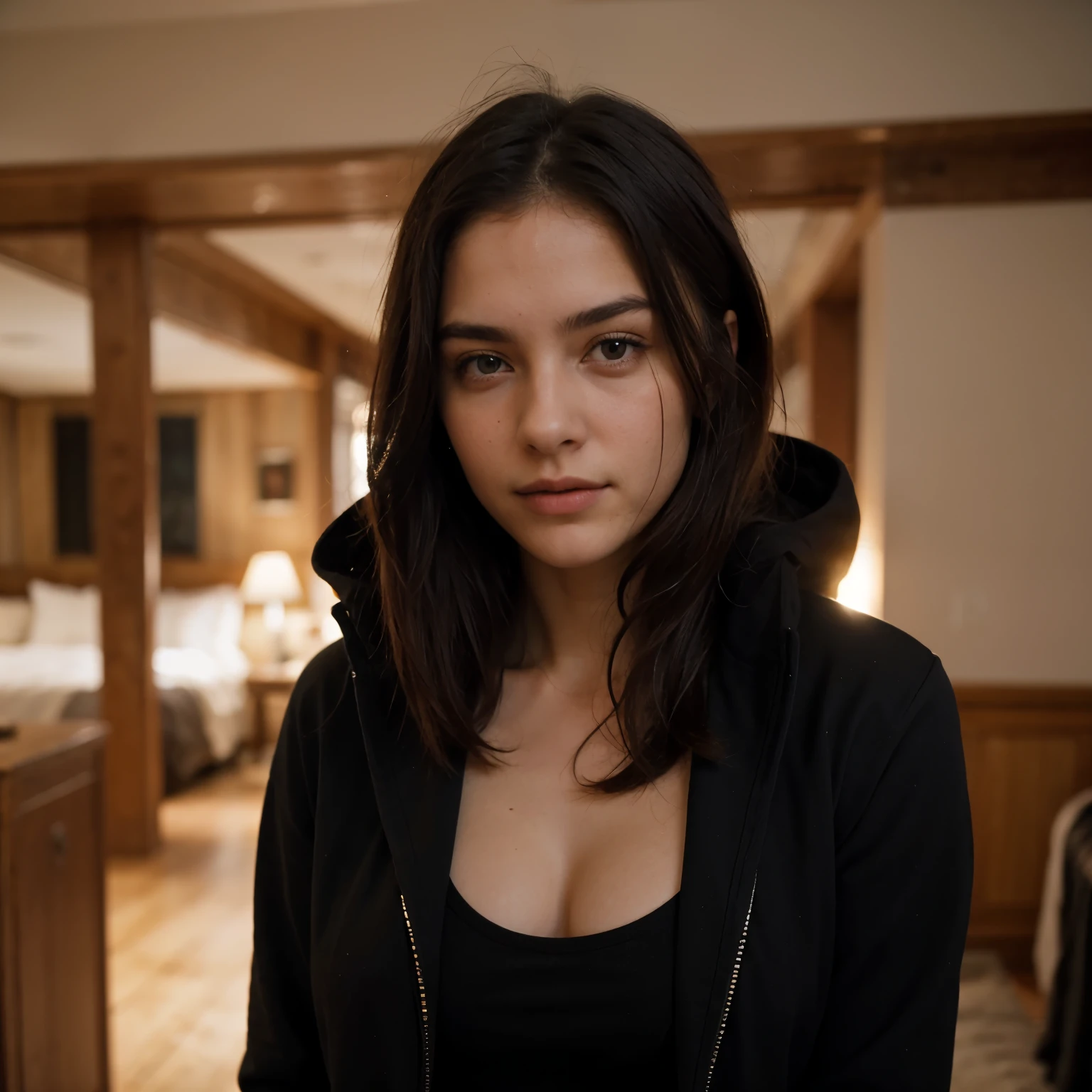 The most beautiful brunette in the world, men instantly fall in love with her, She is 25 years old, straight long hair, in a beautiful black dress , the look is half-closed with pleasure, wants sex, Looks into the eyes