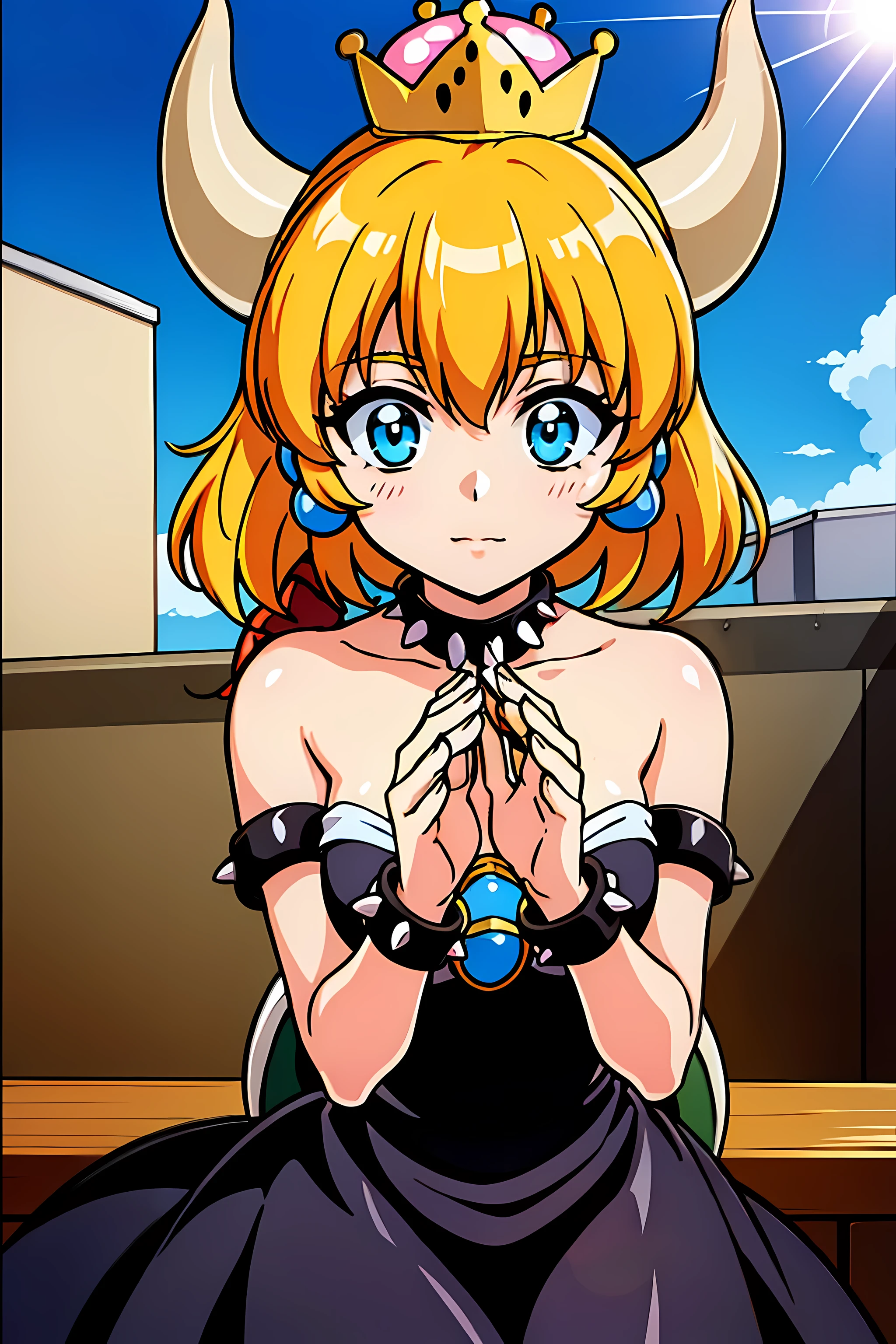 ,(highest quality:1.3),(ultra-be familiar with:1.5),High resolution,extremely be familiar with CG,unity 8k wallpaper,official art,be familiar with,super be familiar with skin,perfect anatomy,beautiful be familiar with eyes,(anime screenshot:1.1),very delicate and beautiful,90s anime,90s anime style,cel shaded anime,1 girl,(Beauset:1.7),(Ammar:1.3),blonde long hair,ponytail,blue eyes,spiked brotherette,Bangles with spikes,spike choker,Super Crown,((white corner)),(pink crown),blue earrings,brooch,((black dress)),(fluffy dress),long dress,(shining eyes),blends well with the eye,blends well with the eye,focus of the eye,(Carefully crafted brilliance,sky blue lens flare:1.7),(expression of joy:1.51),Theme color is red,octane rendering,rainbow paint drop,Woman made of paint,Full Paint,(movie background),splat,splash,indoor,dark and blurry background,floating in the sky,close,dynamic angle,sunset,Night parking lot,(best lighting,very delicate and beautiful),Detailed beautiful shine,(soft light:1.2),(soft money tone lighting),Warm and soft lighting,dramatic light,((cinematic light)),(movie masterpiece),(Movie headlights),ambient occlusion,ambient light,violently,powerful,Absolutely eye-catching splashes of color,((caustic)),raytraced reflections,light shines,waiting for happiness to begin,(laughter:1.3),Grass,