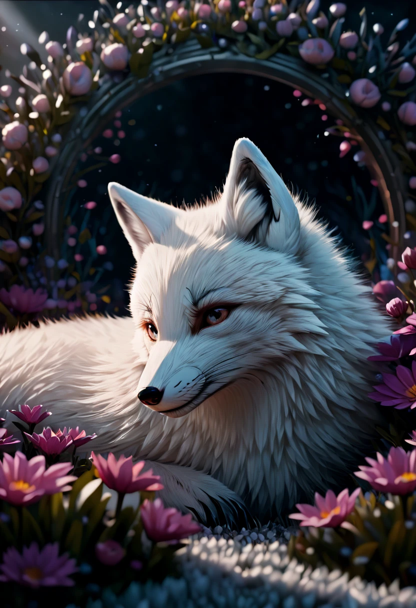 award winning photo macro shot of beautiful arctic fox lying in a majestic arctic flowerbed, dynamic lighting, cinematic still, contemplative, sleek fur, portrait, dynamic pose, 100mm f/2.8 macro lens, (best quality, masterpiece, Representative work, official art, Professional, Ultra intricate detailed, 8k:1.3)