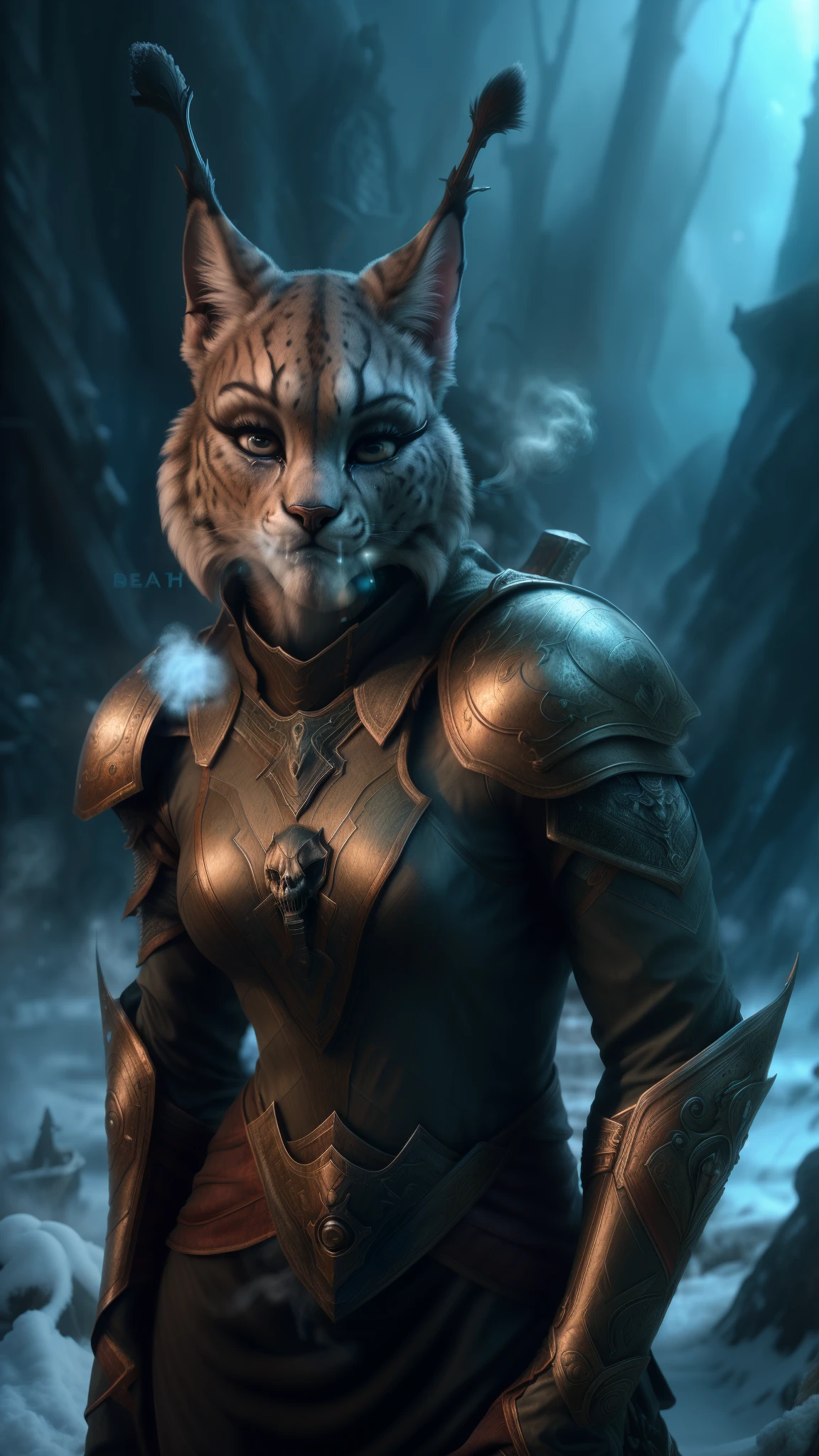 (A woman's face with) beautiful detail eyes, beautiful detailed lips, (A woman with) Extremely detailed eyes and face, long eyelashes, (Khajiit-Female), (The woman) with a seductive fitness body, (a grey fur, with Lynx ears), damaged pose, ((heavy breath, death pose:1.5)), ((wearing fantasy armor, damaged armor)), (character), (Best Quality,4k,8K,hight resolution,Masterpiece:1.2), Ultra-detailed, (Realistic,Photorealistic,photo-realistic:1.37), HDR, UHD, ultra-fine painting, physical based rendering, ((extreme detail winter background)), Professional, Vivid colors, bokeh, full-length portrait, landscape, photografic, Concept Artists style of, with a vibrant color palette, soft-lighting.