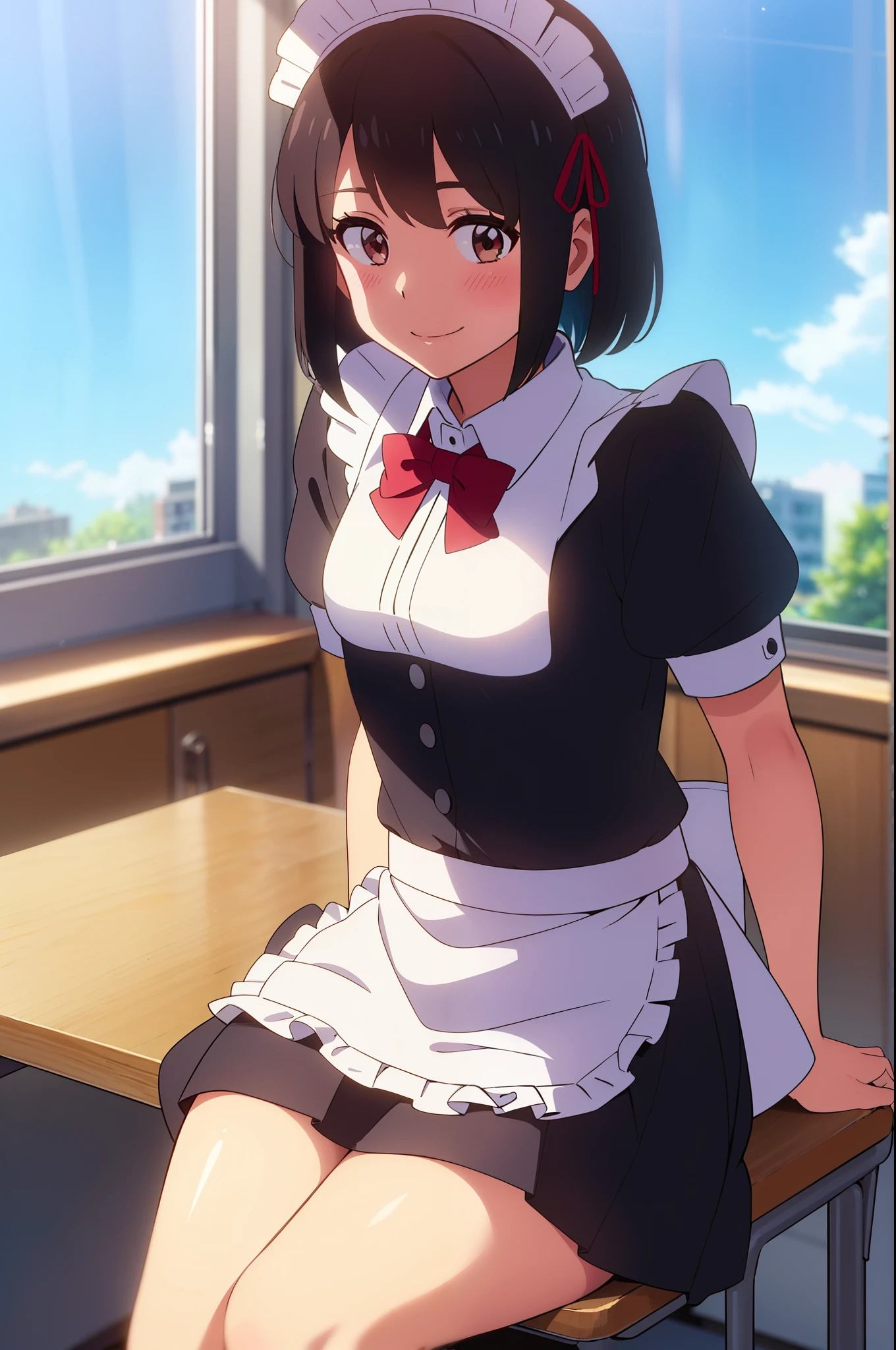 shinkai makoto, kimi no na wa., 1girl, bangs, black hair, short hair, blush, brown eyes, looking at the viewer, ((girl wear maid dress, short sleeves, short dress, short skirt, maid headdress)), red bow, red ribbon, smile, cute, Have a diary, classroom, Read the diary, after school, rest, fearless smile, happy, fun, joyful, sitting, on chair, indoors, chair, desk, school desk, window, dynamic angle