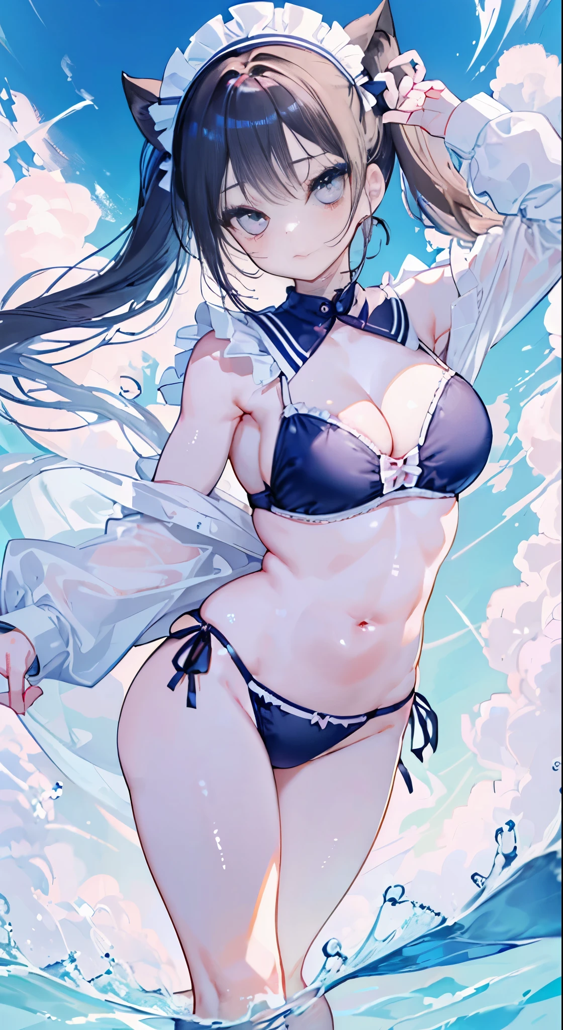 "(perfect masterpiece:1.2), (highest quality:1.2), stunning face,  uniform, mature and chubby, Big eyes, compensate, long and luxurious eyelashes, lip whole, irresistible charisma.",Maid clothes,belly button,(((boy))),(((twin tails))),abs,raised his arms,micro swimwear,NSFW,(((muscle))),sailor suit，nsfw,(((piece)))