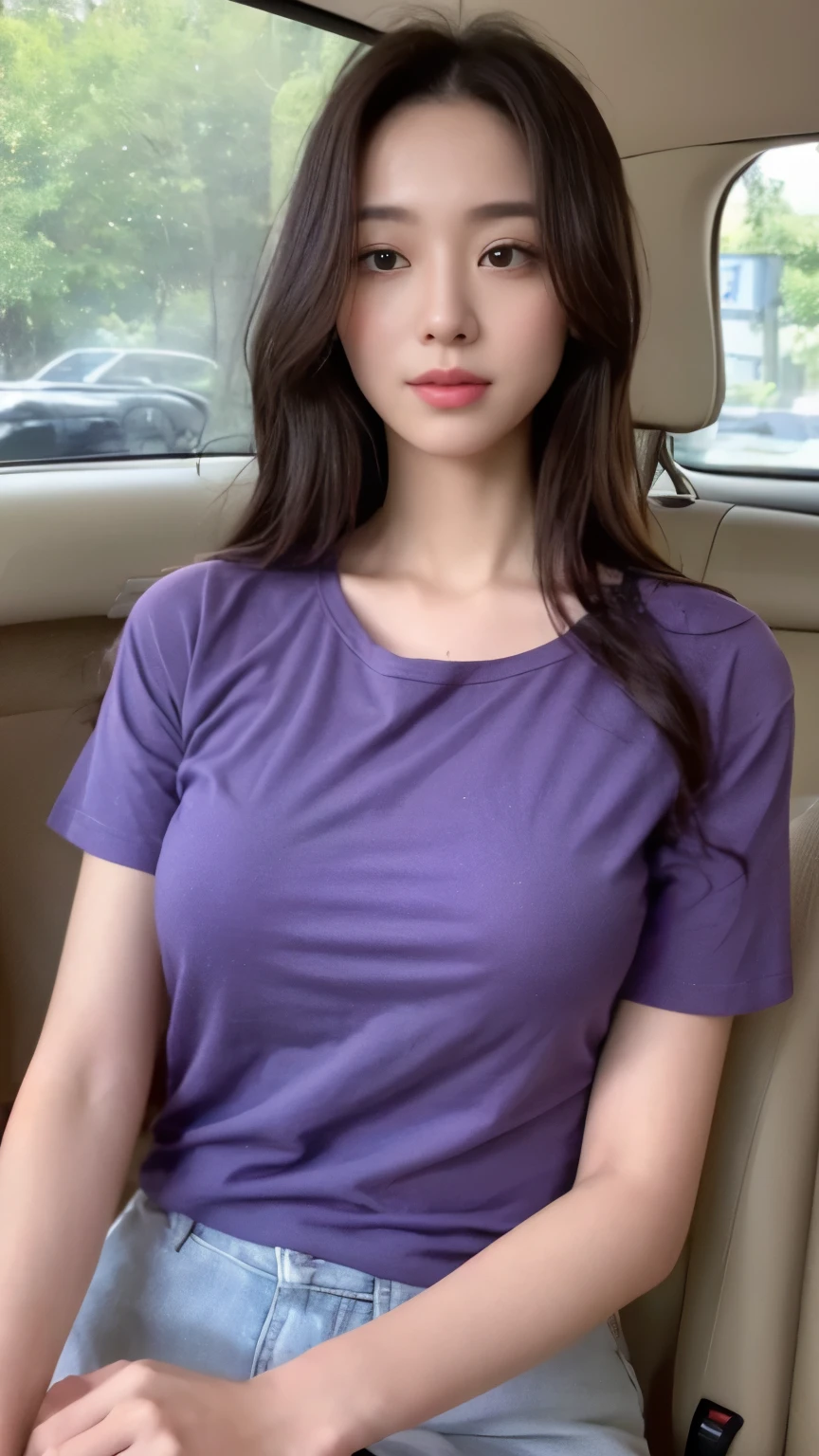 1girl,big breast, brown hair, purple eyes,high quality, ultra detailed, masterpiece, realistic, purple t-shirt, sleep bed