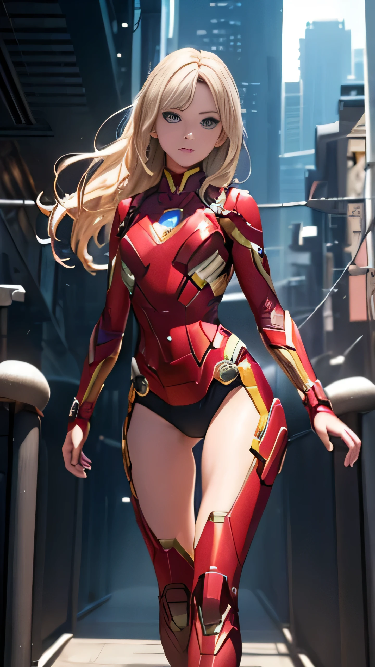 masterpiece, best quality, 1girl, medium breasts, (leotard, red leotard with white accents, sleeveless, midriff), bare legs, boots, matching boots, bracelets, city backdrop, solo, single, standing, heroic, full body shot, cowboy shot, beautiful detailed eyes, medium hair, superhero, (glow, powering up, light particles)