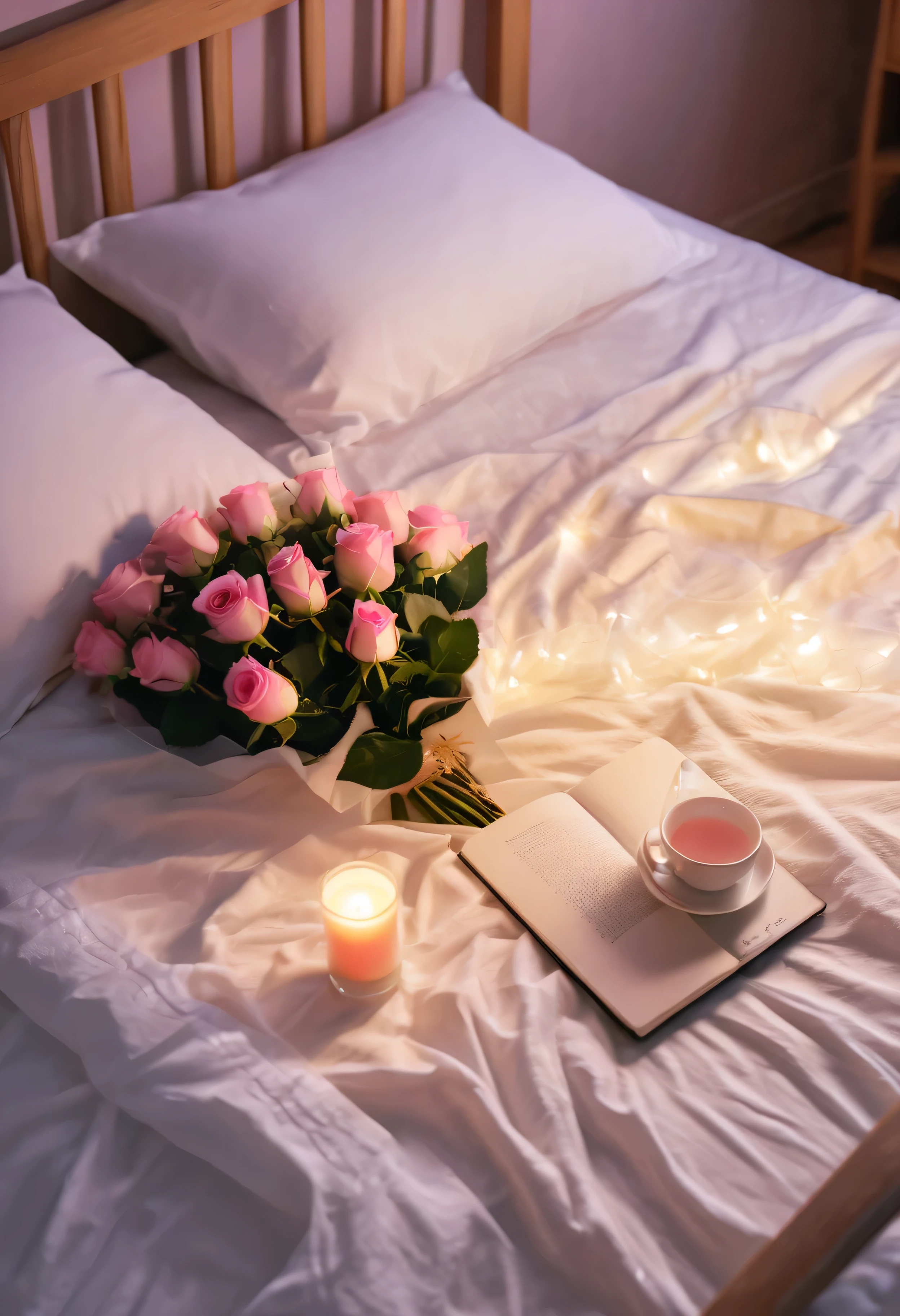 Good night .Photo of the moon,Cozy bedroom close-up bedside night light. from above,A bouquet of pink layered roses lies flat in front of the bed. on the table,Warm light and shadow at night.tray on bed.Hot drinks in the evening, (best quality,4k,8k,high resolution,masterpiece:1.2),super detailed.Contrast of light and shadow.Leave outer borders blank, from above, Wide-angle lens, anatomically correct, ultra high definition((warm light at night))