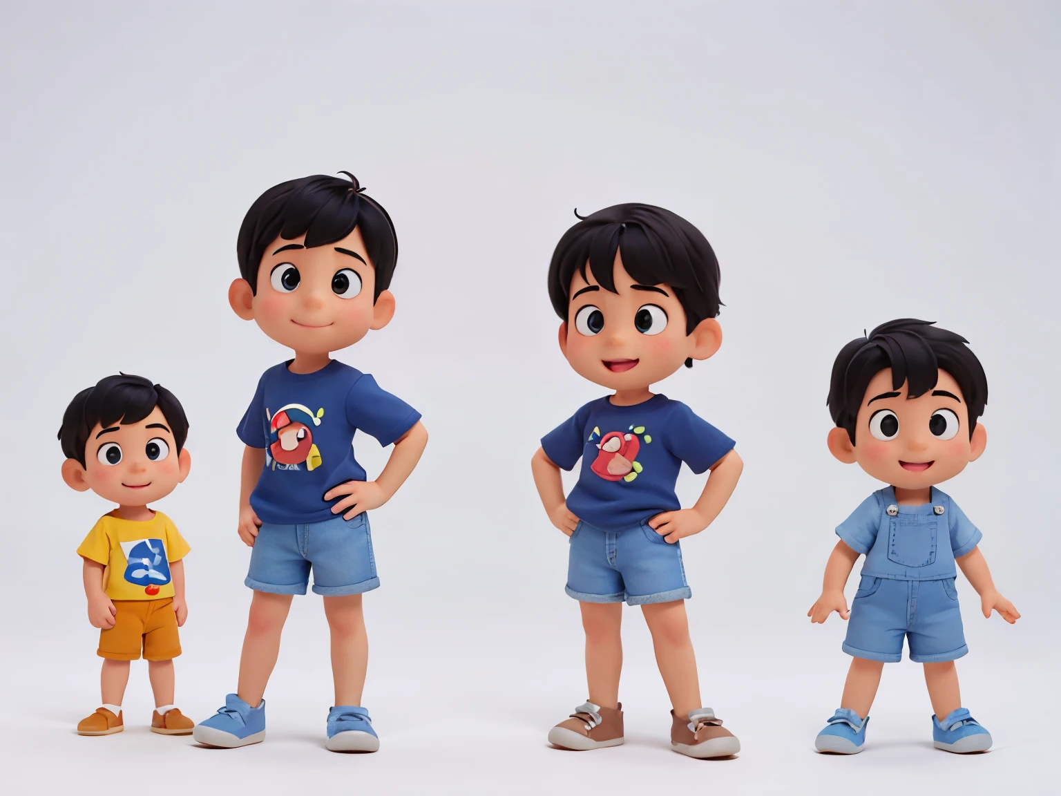 boy, 4 years ey Pixar style, for children's book illustration, various poses, white background, cute, bright colors, short black hair, fair skin, blue shirt, long denim shorts, happy