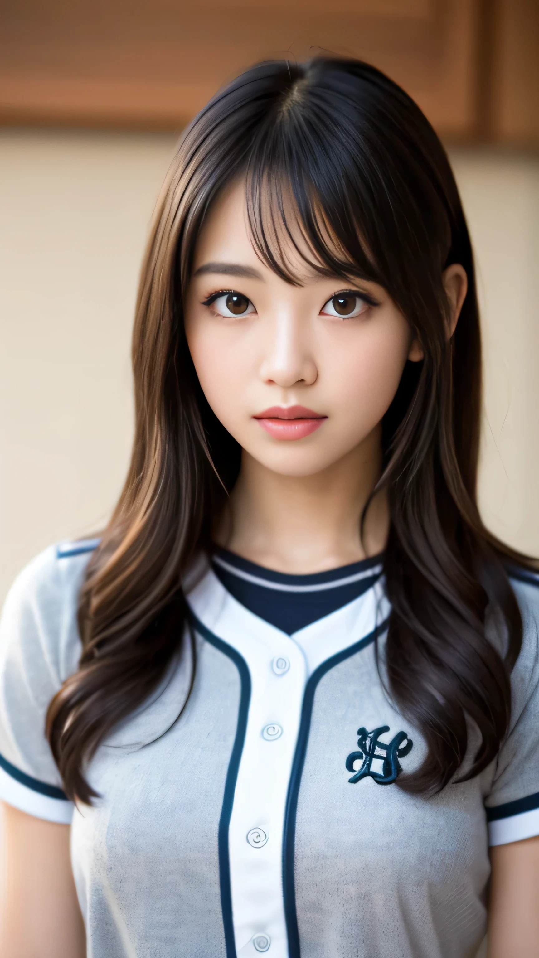 (8k, RAW photo, highest quality, masterpiece: 1.2), masterpiece, 超be familiar with, 超High Resolution A, (realistic and realistic photos: 1.37), High-definition RAW color photo, very delicate and beautiful., Quite be familiar with, 8k wallpaper, wonderful, be familiar with, very fine eyes, 非常にbe familiar withな肌, very thin fingers, 非常にbe familiar withな鼻, 非常にbe familiar withな口, perfect anatomy,1 girl, (baseball uniform), that'It's hazy, blurred background, blurred foreground, blush, Braid, Pectoral muscle, written boundary depth, eyebrows visible through hair, with ruffles, hair between eyes, court, jewelry, looking up at the audience, short hair, sitting, alone, tits huge、Nogizaka Idol、korean idol、fiery idol pose、porn star、18-year-old、expensive、korean idol、Nogizaka Idol、porn star、fiery idol pose、