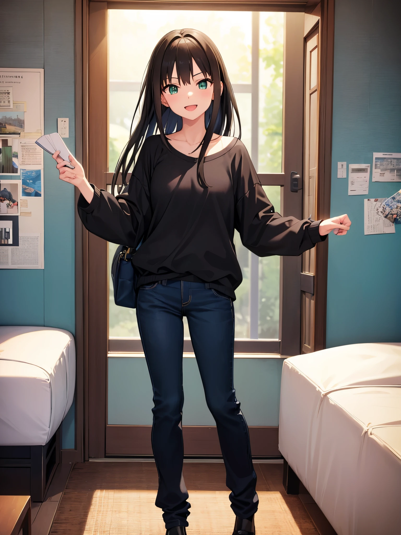 RIN SHIBUYA、1 girl, mature woman, green eyes、black long hair、casual clothes、blue sweater、long pants、laugh a lot、big smile, highest quality, hire, detailed face, along the coast、 living room at home、 detailed background, Depth of written boundary, Bokeh
