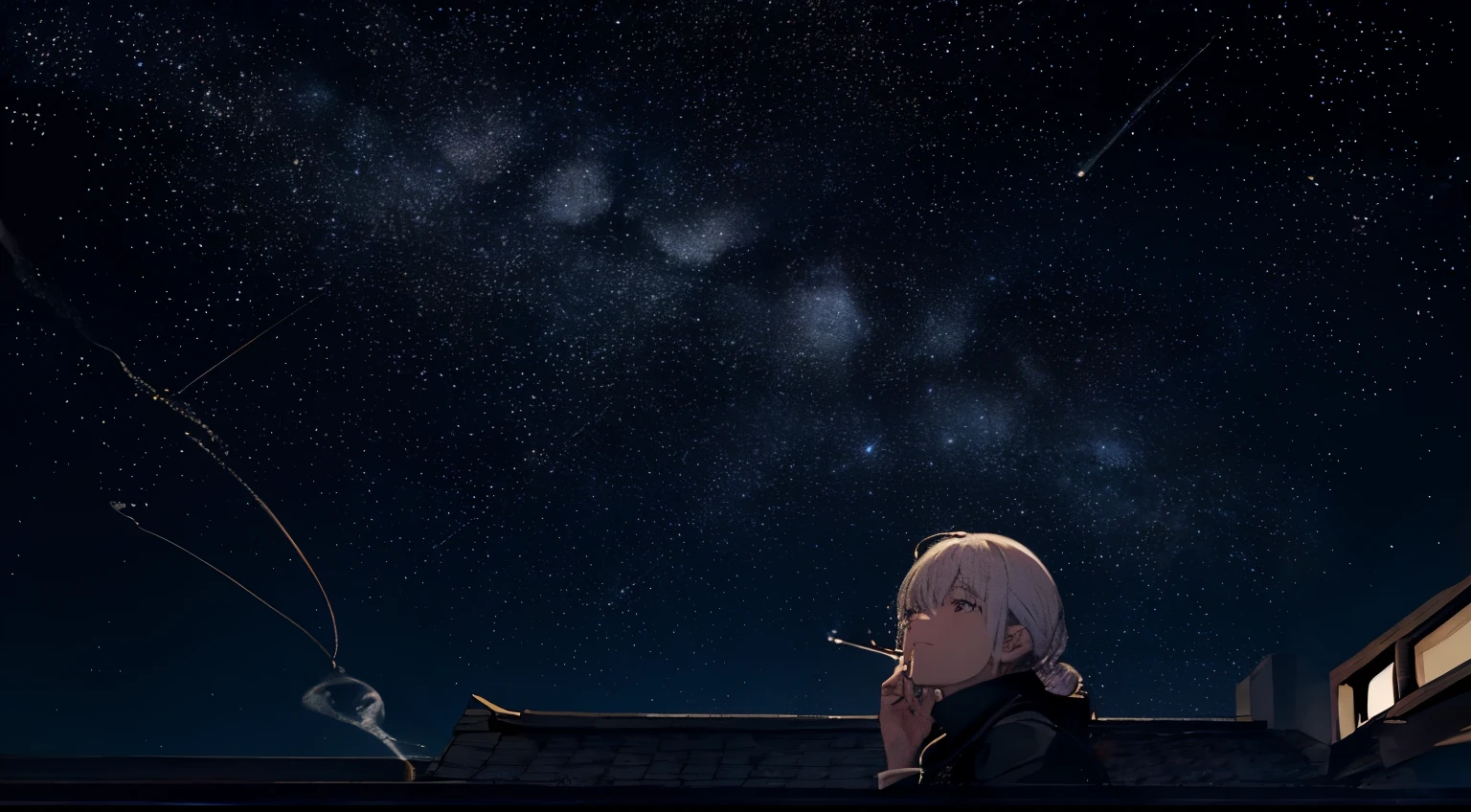 roof of the building,smoking a cigarette,looking up at the sky、starry sky