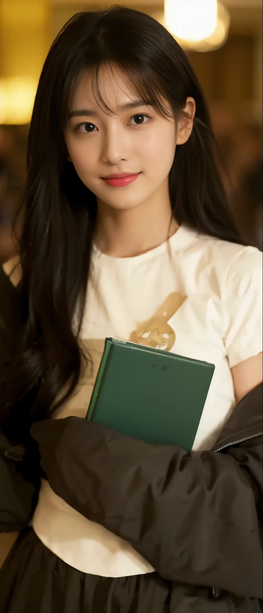 ((​Masterpiece, Top image quality, high resolution、alone、skin shiny))(on the table, best quality, actual, super detailed, meticulous, high resolution, 8k wallpaper), Close-up portrait of a beautiful woman, like, smiling, light brown messy hair, Perfect dynamic composition, 美丽meticulous的眼睛, Just like the cover of a fashion magazine, on campus，Gorgeous costumes，hot stamping clothing，