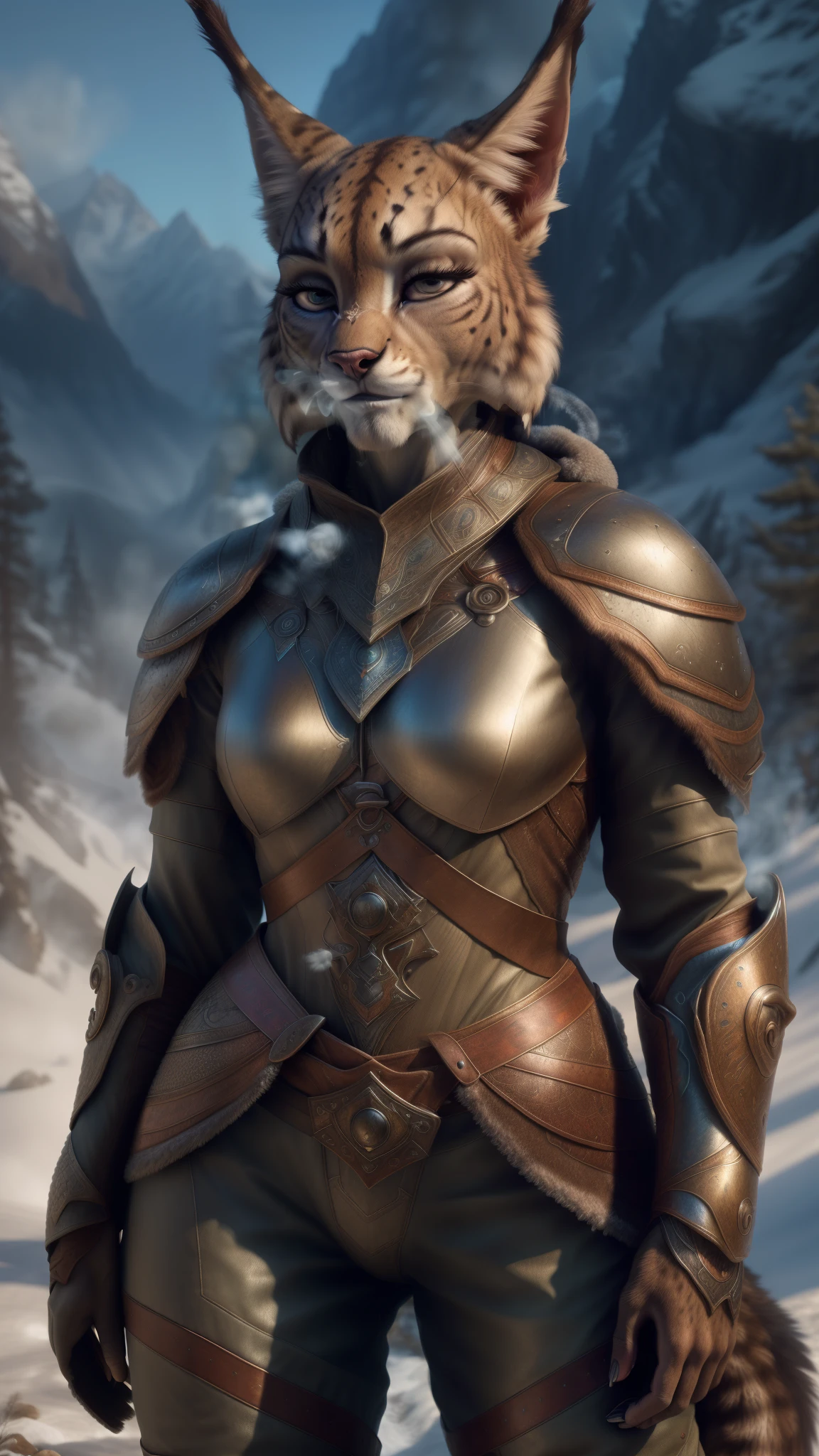 (A woman's face with) beautiful detail eyes, beautiful detailed lips, (A woman with) Extremely detailed eyes and face, long eyelashes, (Khajiit-Female), (The woman) with a seductive fitness body, (a grey fur, with Lynx ears), damaged pose, ((heavy breath, seductive pose:1.5)), ((wearing fantasy armor, damaged armor)), (character), (Best Quality,4k,8K,hight resolution,Masterpiece:1.2), Ultra-detailed, (Realistic,Photorealistic,photo-realistic:1.37), HDR, UHD, ultra-fine painting, physical based rendering, ((extreme detail winter background)), Professional, Vivid colors, bokeh, full-length portrait, landscape, photografic, Concept Artists style of, with a vibrant color palette, soft-lighting.