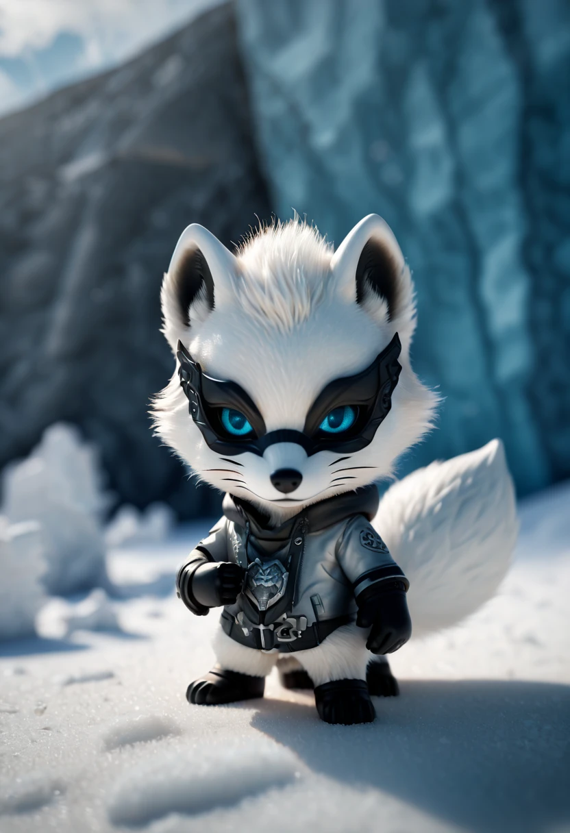 a cute colorful chibi arctic fox wearing mask, ice background, godrays, ultra high res, (photorealistic, realistic:1.2), deep shadow, raw photo, film grain, Fujifilm XT3, 8k uhd, dslr, (best quality, masterpiece, Representative work, official art, Professional, Ultra intricate detailed, 8k:1.3)
