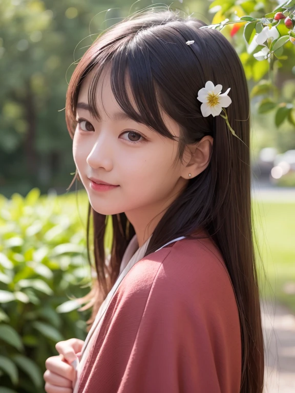 highest quality, masterpiece, High resolution, original, highly detailed wallpaper, beauty,gorgeous kimono、dress, sad, small face、teenage girl、genuineの人間、genuine、foreigner、old photograph、flowers bloom、cheerfulness、joy、red lips、smile