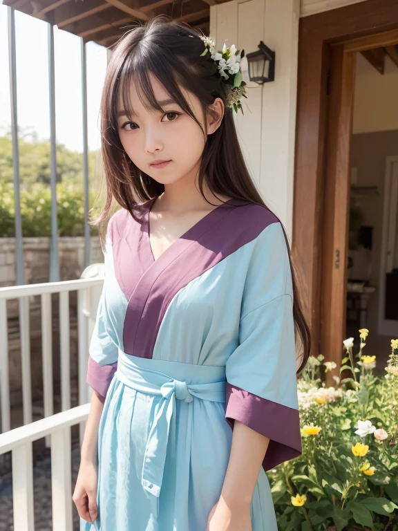 highest quality, masterpiece, High resolution, original, highly detailed wallpaper, beauty,gorgeous kimono、dress, sad, small face、teenage girl、genuineの人間、genuine、foreigner、old photograph、flowers bloom、cheerfulness、joy、red lips、smile