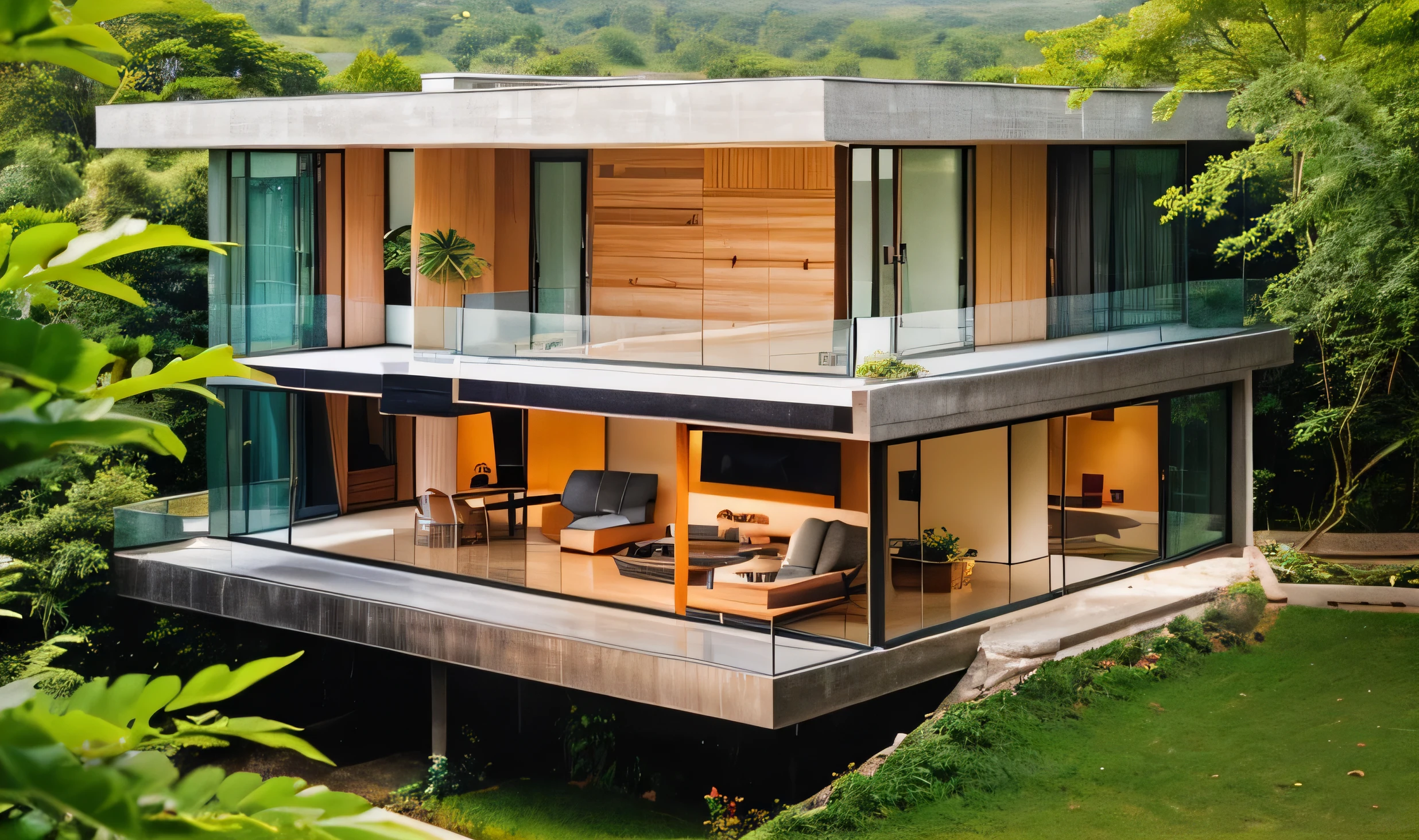 a modern house countryside Vietnamese with white siding and large windows, exterior architecture, modern villa with concre material, sunlight, beautiful landscape, rock around house, villa on the hill, beautiful sky, best quality,