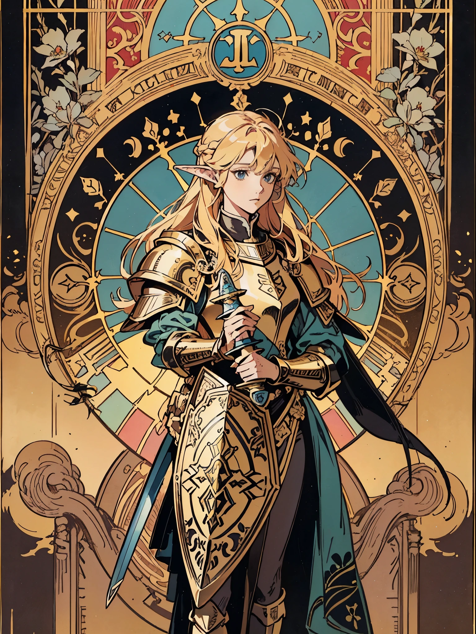 (Flat color:1.1),(Colorful:1.3),(Masterpiece:1.2), tarot: knight, pointed elven ears, Best quality, Masterpiece, Original, 1 girl, long blonde hair, black eyes, ((gold full plate armor))，((holding sword)), ((holding shield)), Full body photo of woman，Very detailed wallpaper,Solo，golden field of wheat，tarot card layout，Best quality, Masterpiece, (Realistic:0.6), Realistic lighting,Flower frame， Decorative panels， abstract artistic， Alphonse Mucha （tmasterpiece， best qualtiy， A high resolution： 1.4）， A detailed， Complicated details， 4K，cerulean， Line art， Fibonacci