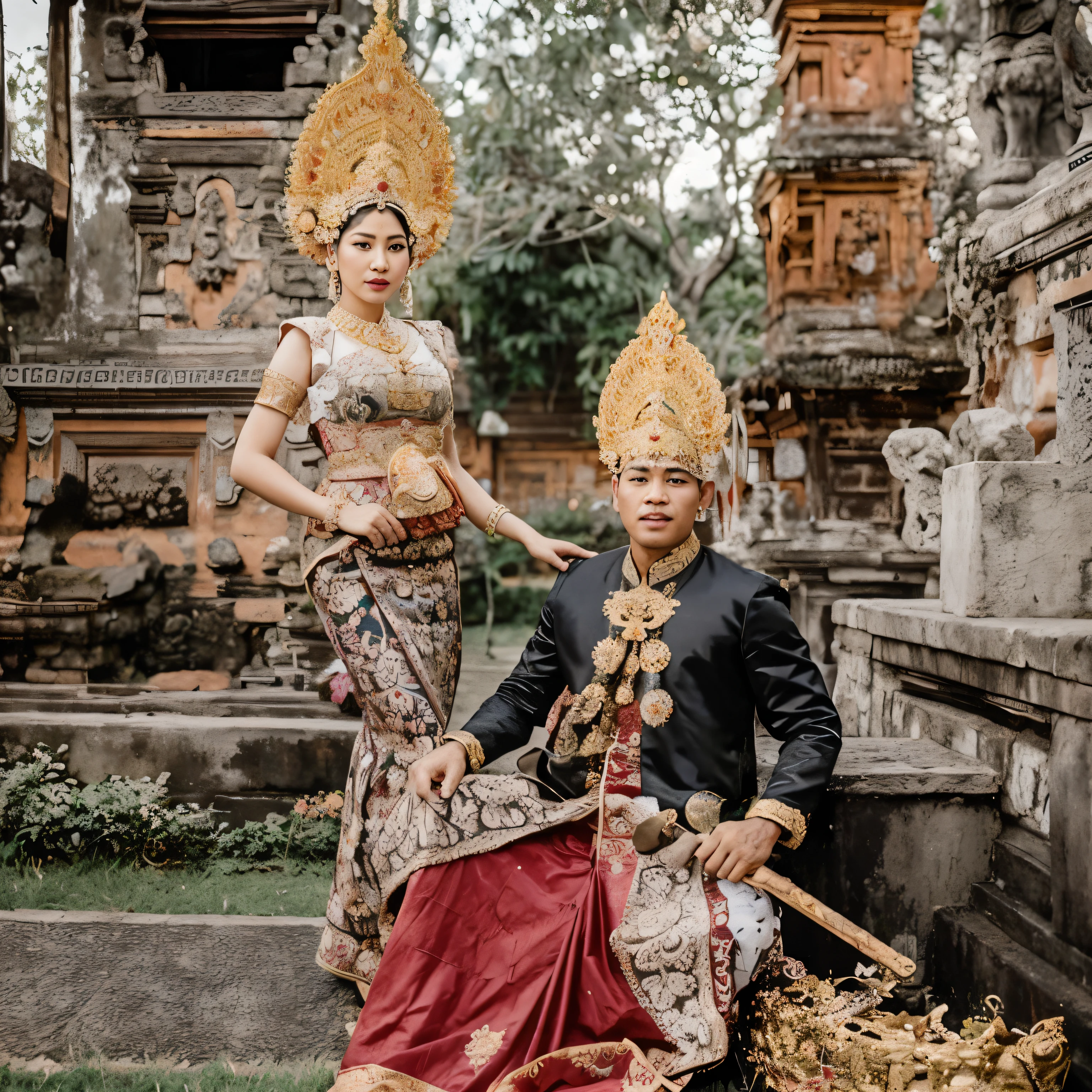 arafed couple in traditional thai costume posing for a photo, wearing ornate clothing, wearing traditional garb, traditional clothes, traditional clothing, traditional dress, wearing an ornate outfit, wearing authentic attire, traditional beauty, barong family member, ornate attire, traditional photography, barong family, traditional, traditional costume, ornately dressed, Balinese mythology, lovely couple, hyper detailed ornaments, hyper detailed outfits, detailed face, detailed hands, detailed fingers