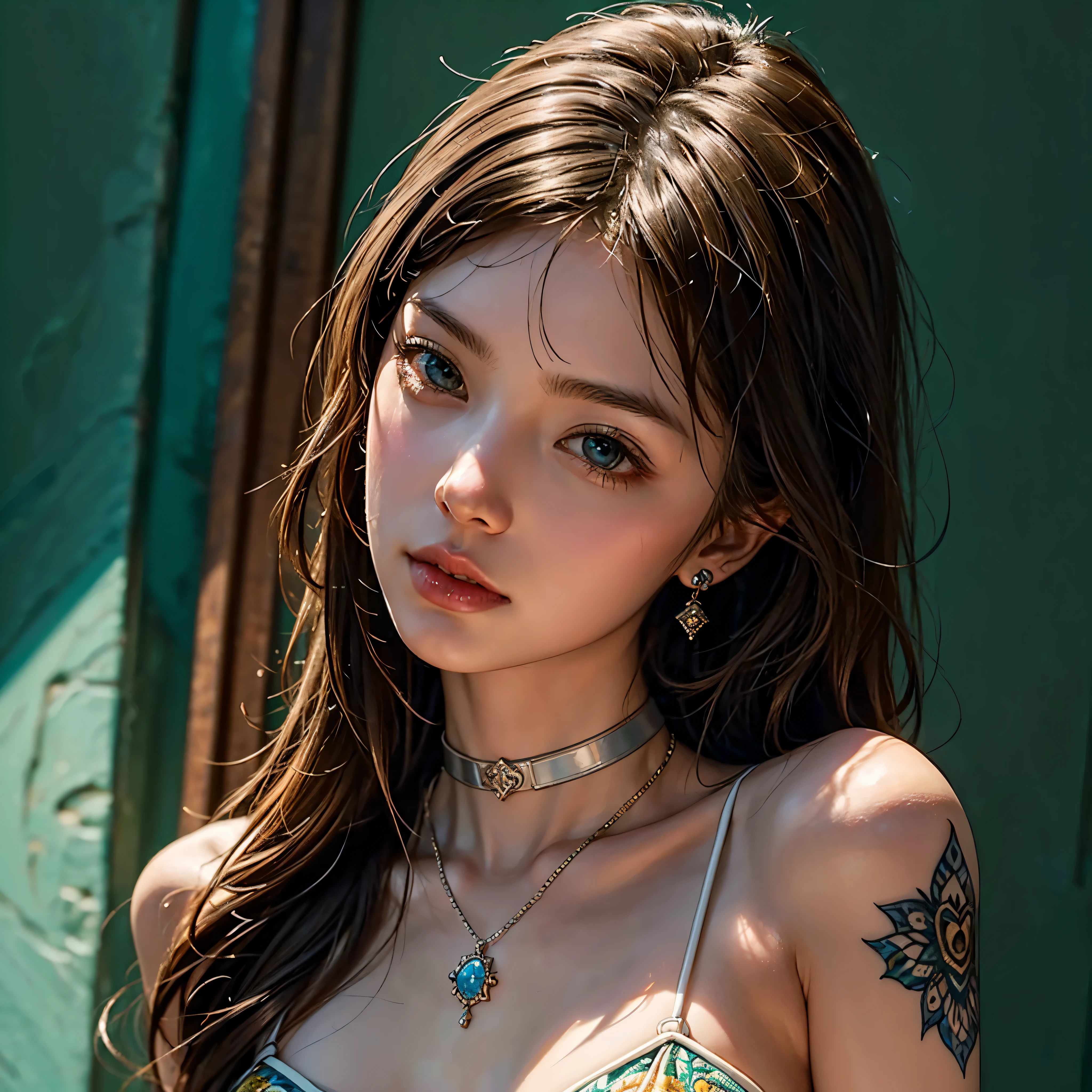 ((masterpiece)、(top-quality)、(reallistic))、beautiful queen、Bondage style、latex shiny、By Luis Royo:1.4、1girl in、Sexy Daughter、Small fashionable tattoos、Attractive earrings with impressive beauty、a choker、a necklace、piercings、Super beauty、Super Ultra Ultra Bikini、standingn、fullllbody、Beauty in return、Fantastic mythological landscape, varied multi etc. zentangle tangle mandala entangle --v6 --s1000 --c20 --q5 --chaos100
