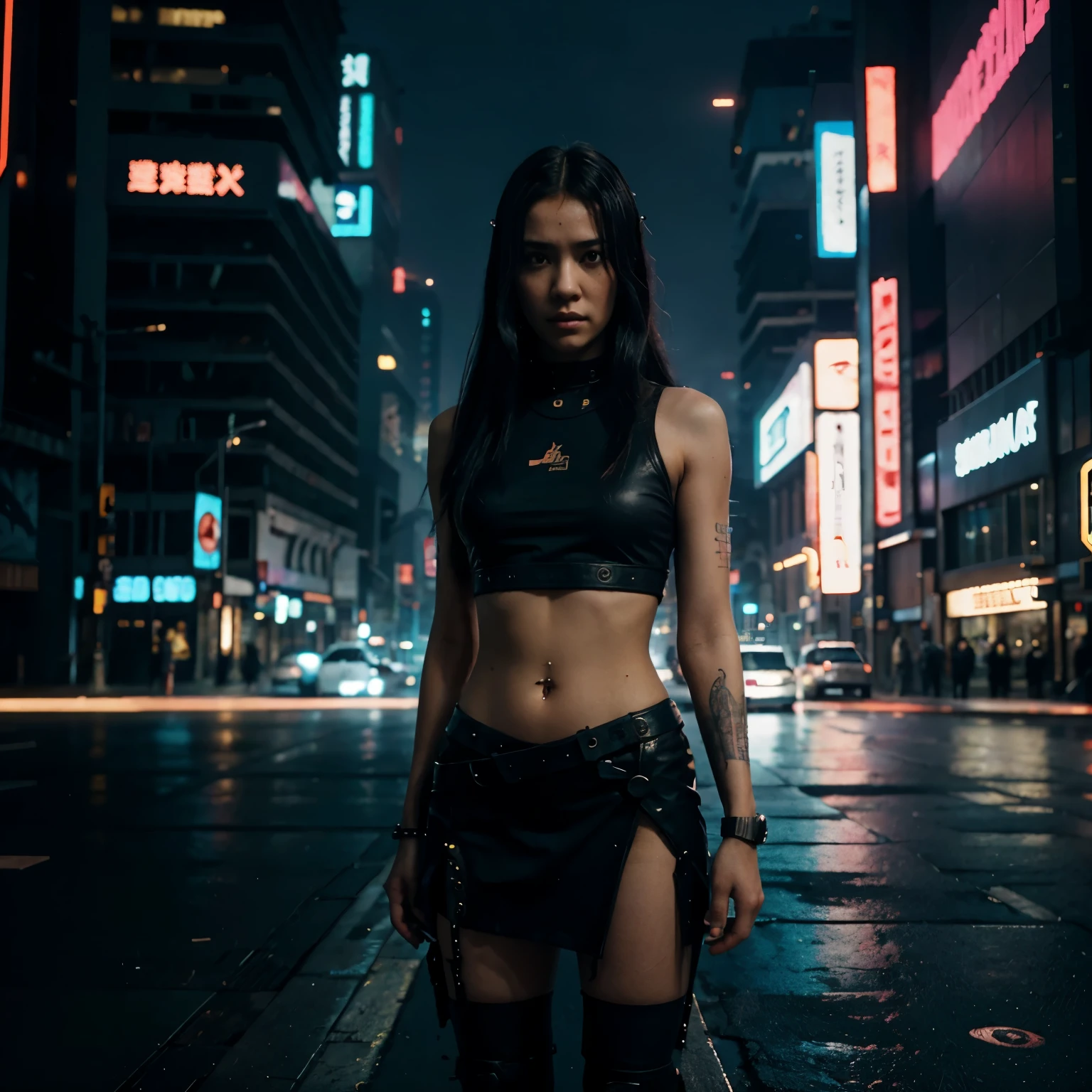 Arafed woman in a black top and skirt standing on a city street - SeaArt AI