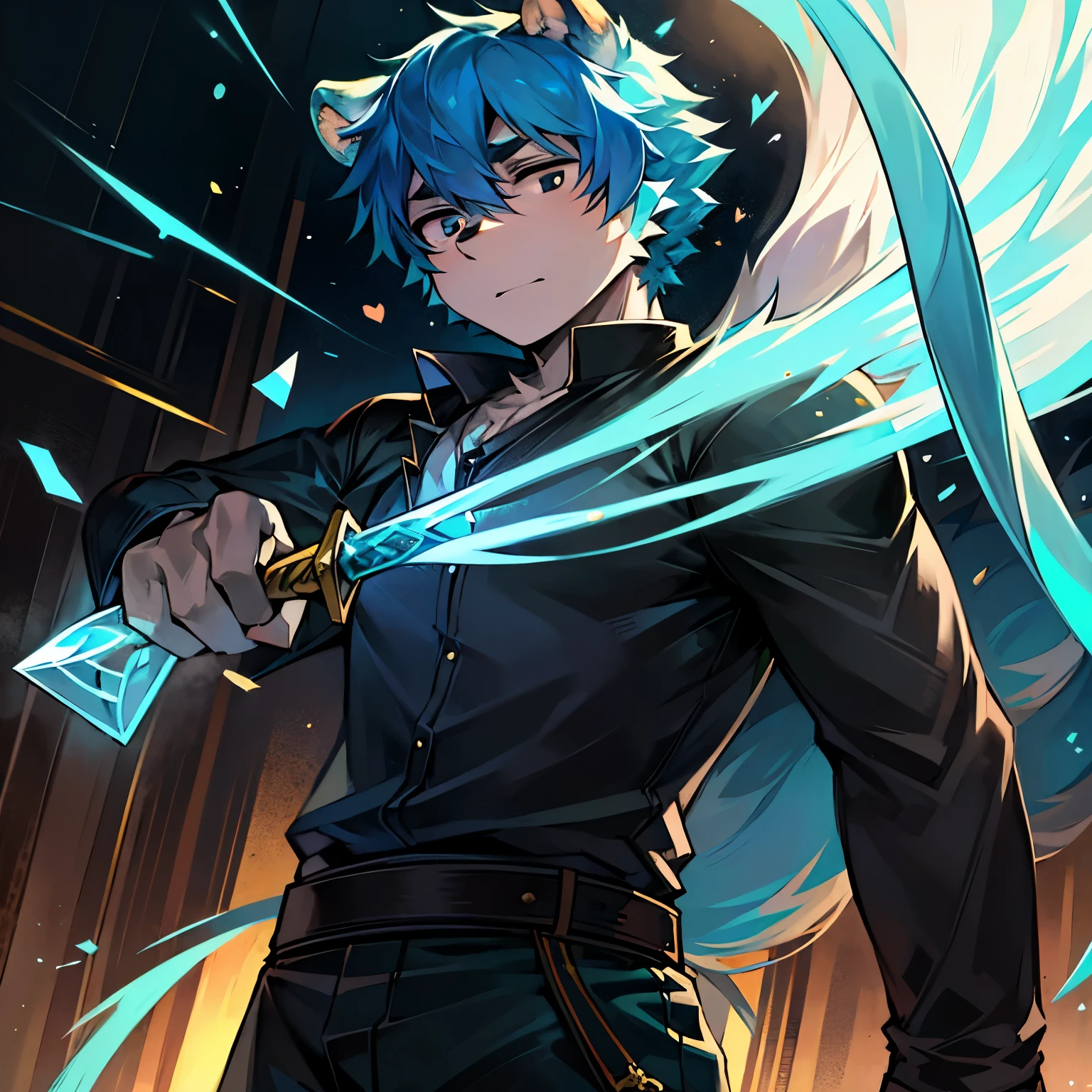A man belonging to the half-fox human race, with blue hair that shines under the light, and black eyes that bear shining white pupils, is depicted in this image. He is dressed in modern human clothes, with a striking green and blue color palette, reflecting his eclectic personality. This man's character is known to be neutral but can change depending on the situation, making him an intriguing figure. His energy is palpable, sometimes expressed in loud and annoying ways, but his love for sword art magic and fighting in the fantastical world keeps him grounded.