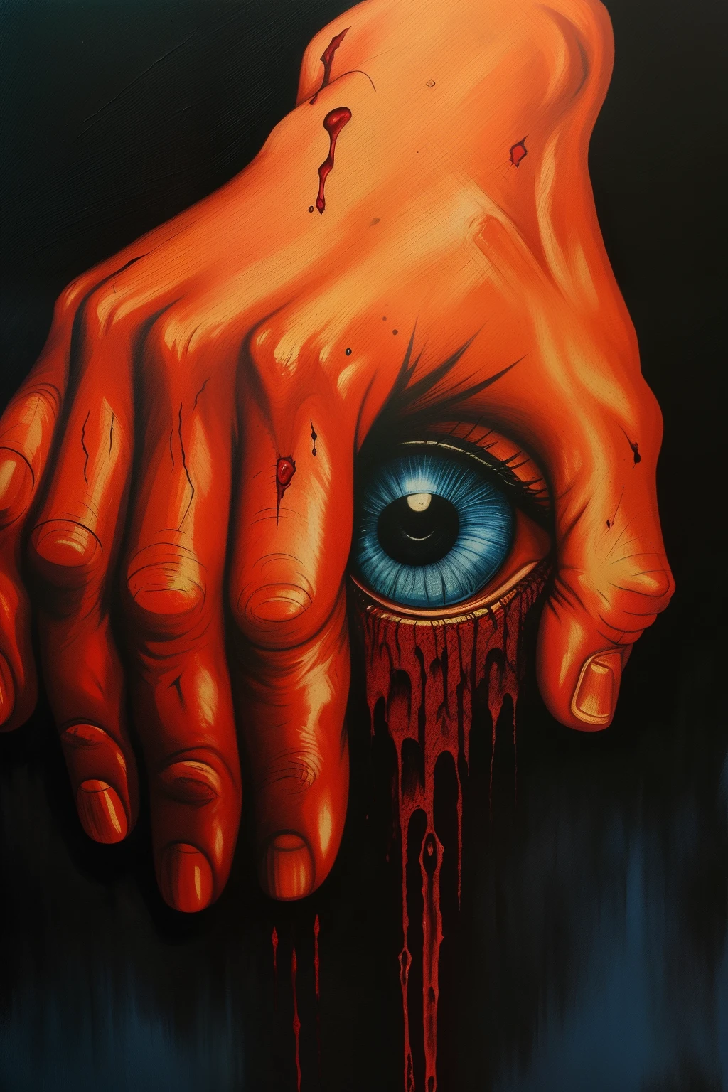 painting of a hand holding a bloodied eye with blood dripping down it, detailed 4k horror artwork, ( ( ( horror art ) ) ), horror artwork, horror movie poster art, horror painting, john carpenter body horror, horror poster 9 0 s, horror art, horror image, sci-fi horror artwork, 1990s horror book cover, hand of fear