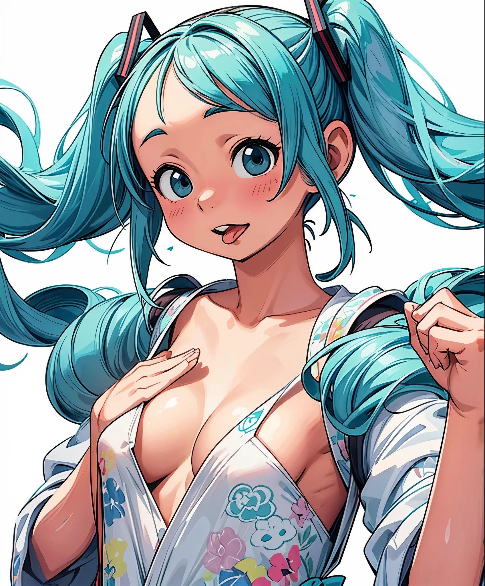 (masterpiece、highest quality、highest quality、official art、beautiful beautiful:1.2)、(1 girl:1.3)Hatsune Miku、twin tails,sticker、おっぱいのsticker、シンプルなsticker、、big breasts、cleavage、Super close-up of the chest、Depiction of only the chest、tongue、sticking out the tongue、long tongue、mouth is open、cyber girl、Draw nothing in the background、white simple background、