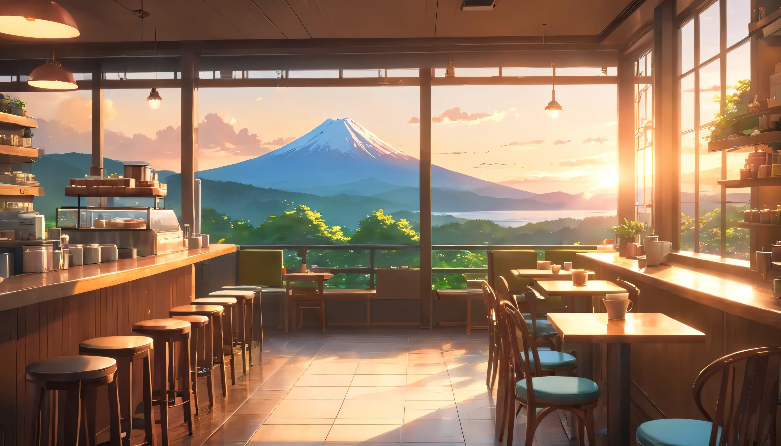 best quality,4k,8k,highres,masterpiece:1.2),ultra-detailed,(realistic,photorealistic,photo-realistic:1.37),vivid colors,bokeh,studio lighting
interior of a cozy coffee shop in Japan, glass window with a view of Mount Fuji in the background, capturing the serene morning sunrise, enveloped by a lush forest. The coffee shop exudes a warm and inviting atmosphere, perfect for relaxation.